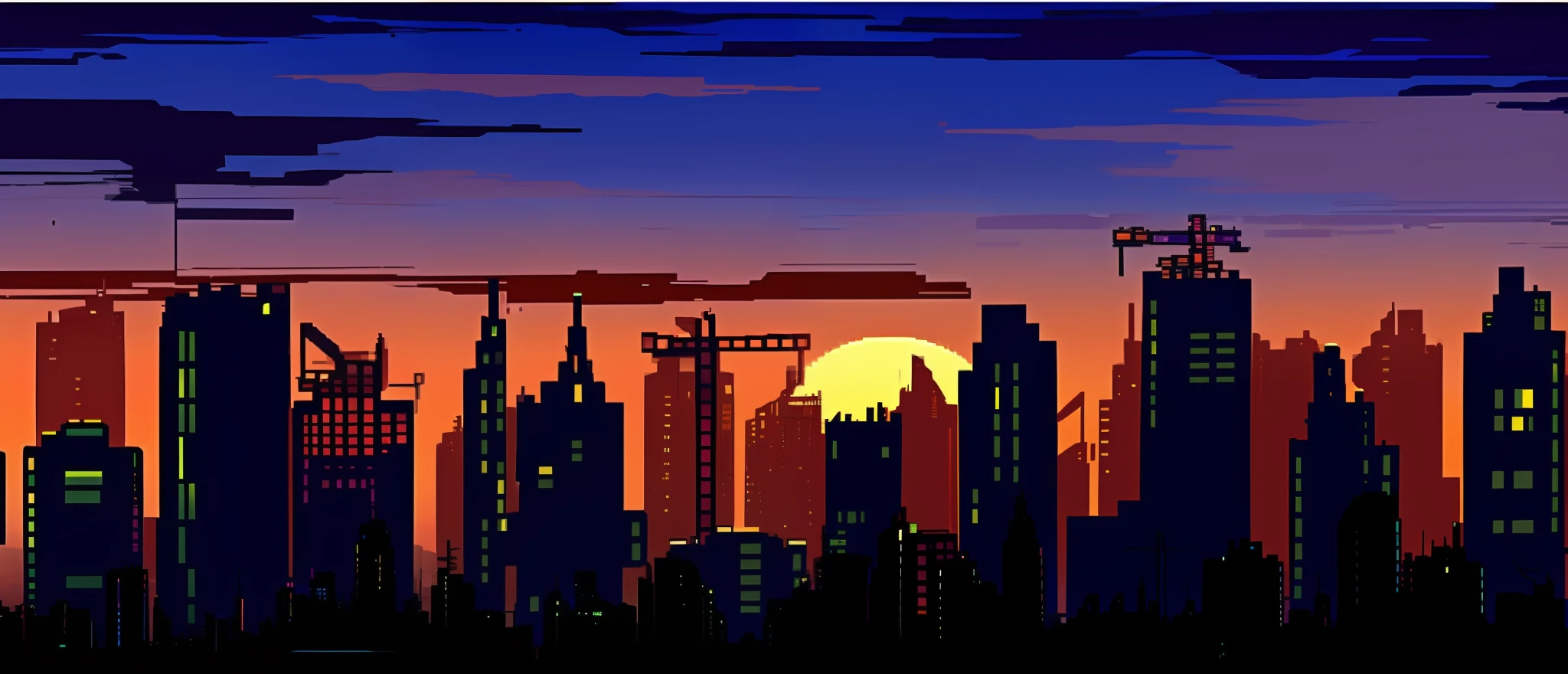 Close-up of the city with sunset as background, City sunset, cyberpunk pixel art, anime style cityscape, Defeated cities. neo noir style, neo tokyo background, city twilight landscape, pixel art animation, city sunset night, hd anime cityscape, vista of a city at sunset, view over city, Cyberpunk city setting, city in backround, day cityscape --auto