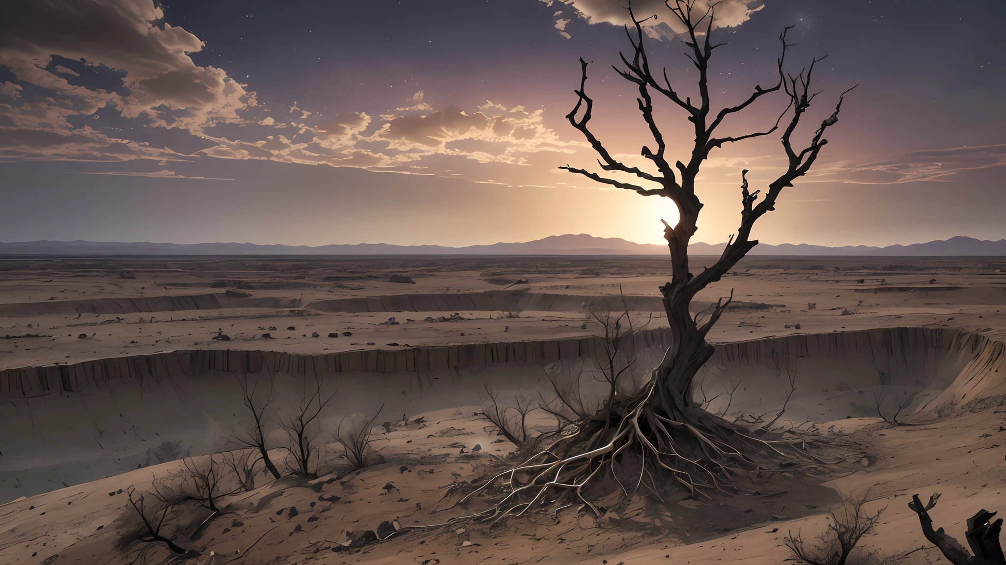 In this desolate landscape, the visible scarcity of water has left its haunting mark. Parched earth stretches for miles, cracked and lifeless, bearing the weight of countless dead skulls scattered across the barren wasteland. Trees, once vibrant and lush, now stand as mere skeletons, their gnarled branches reaching towards a merciless sky. The air hangs heavy with dust, suffocating any remnants of life that dare to exist. The sun beats down relentlessly, casting an unforgiving glare upon the desiccated land. A stark reminder of nature's fragility and mankind's impact, this desolate realm stands as a somber testament to the consequences of unchecked thirst and neglect. --auto --s2