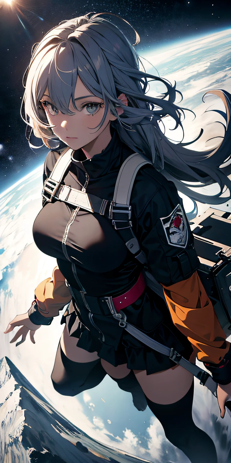 absurd res, high res, (masterpiece:1.4), ultra-detailed, 1girl, from above, space, floating