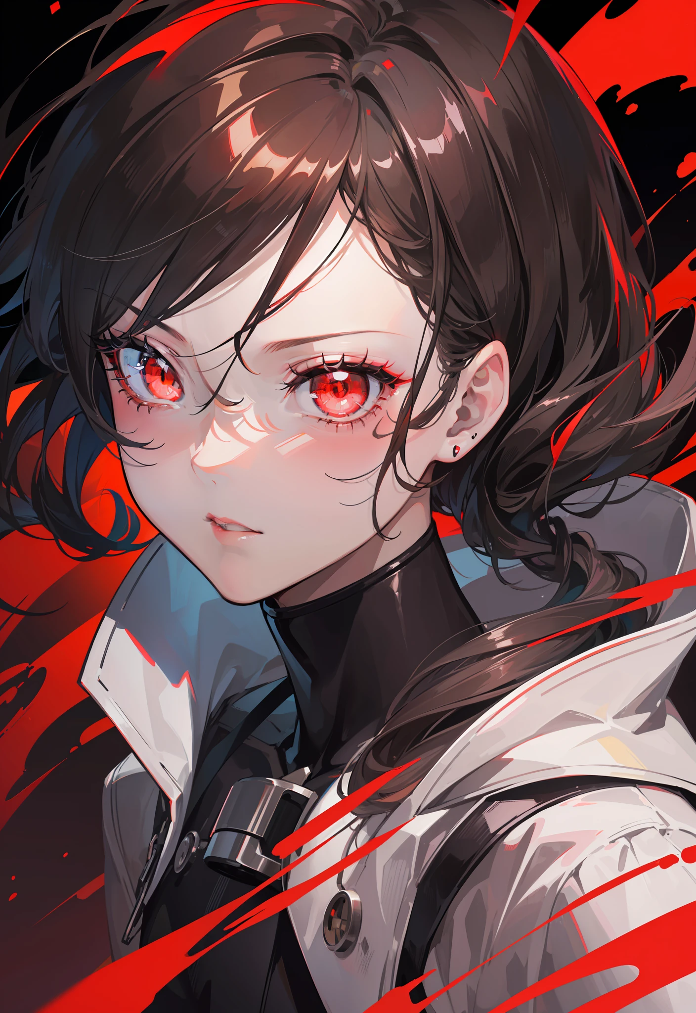 (Hyper-realistic), (illustratio), (A high resolution), (8K), (extremely higly detailed), (Most Best Illustration), (美丽细致的眼睛), (best qualtiy), (ultra - detailed), (tmasterpiece), ( the wallpaper),(Frontal photo）Anime, Red-eyed girl staring into the camera, with red glowing eyes, with glowing red eyes, Red glowing eyes, Glowing red eyes, red eyes glowing, Badass anime 8 K, style of anime4 K, Anime moe art style, with glowing eyes, Red-eyed, red - eyed, Epic anime style, Persona 5 Art Style WLOP1boy， （Close-up of face， tmasterpiece， best qualtiy：1.2）， 8K, Yes， offcial art，（smokey red eye shadow with glitter， Glazed pink red lip：1.1）， （very dark background：1.4）， hdr， Face light， Ultra photo realsisim， A high resolution， photography of， filmgrain， Extreme chromatic aberration， Sharp focus， hdr， Face light source， 动态照明， cinmatic lighting， Professional shadows， dark shadow，Most detailed，extremy detailed，Hyper-detailing，finedetail，realskin，exquisitefacialfeatures，Detailed face and eyes，Sharp pupils，realistic pupil，Yellow complexion（brunette color hair：1.4）