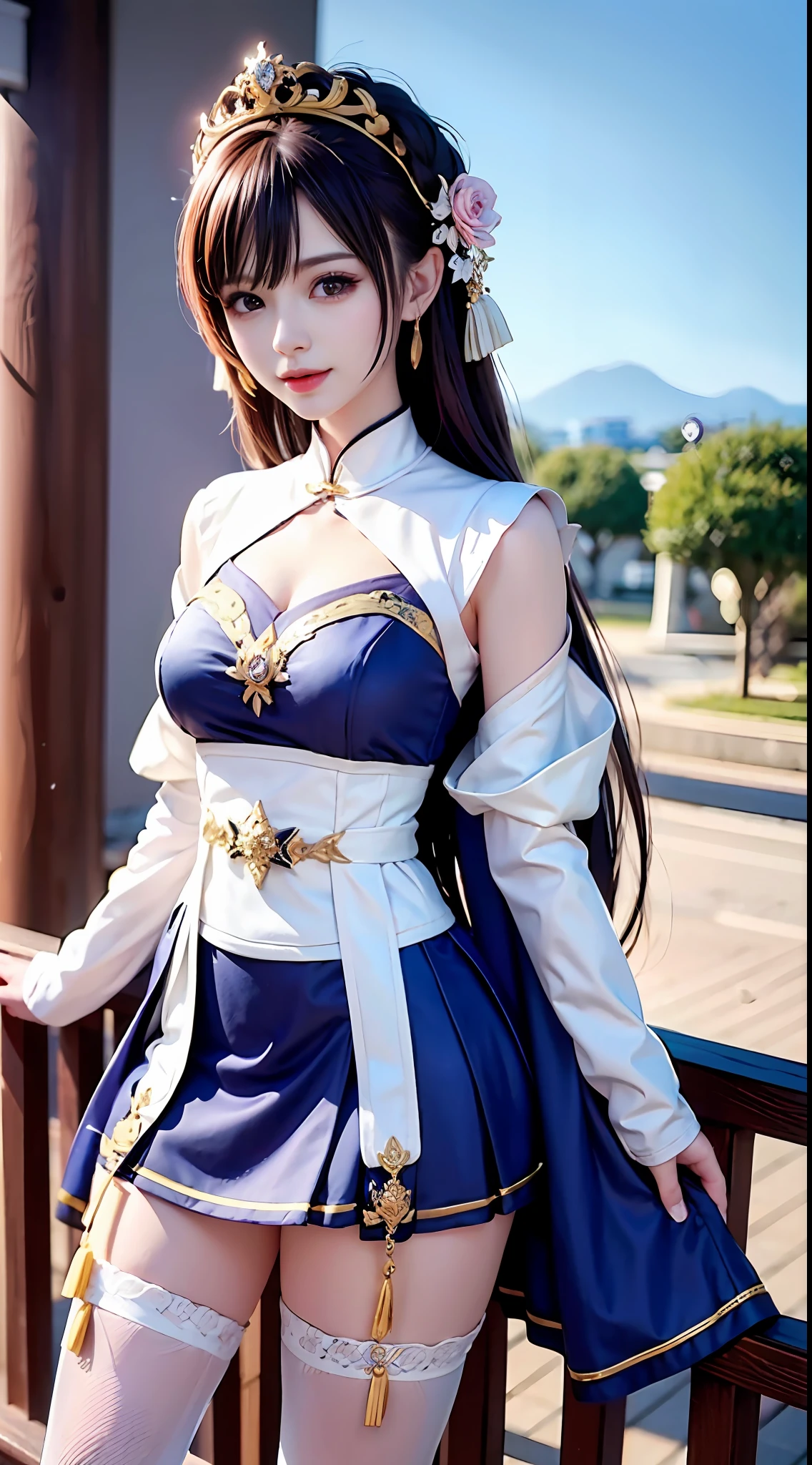 In the daytime, Dark blue sky,Outdoor riverside, 校服,Lace clothes, Superskirt, Long pink and purple hair, Long hair and waist, s,Beautiful teenage girl, ohd, divinity, white headgear, Sit on the railing,opening legs,White lace stockings ,Stockings strangle,Hairline, slanted bangs, shairband, hair adornments, forehead jewel, Jewel branch of Paulai, Crescent hair ornaments, fish hair ornament, God Ray, glitters, cinmatic lighting, Lens glare, hyper HD, high detal, high qulity, A high resolution, best qualtiy, 8K, 16k, high detal, high qulity, super detailing, anatomy correct, tmasterpiece, ccurate