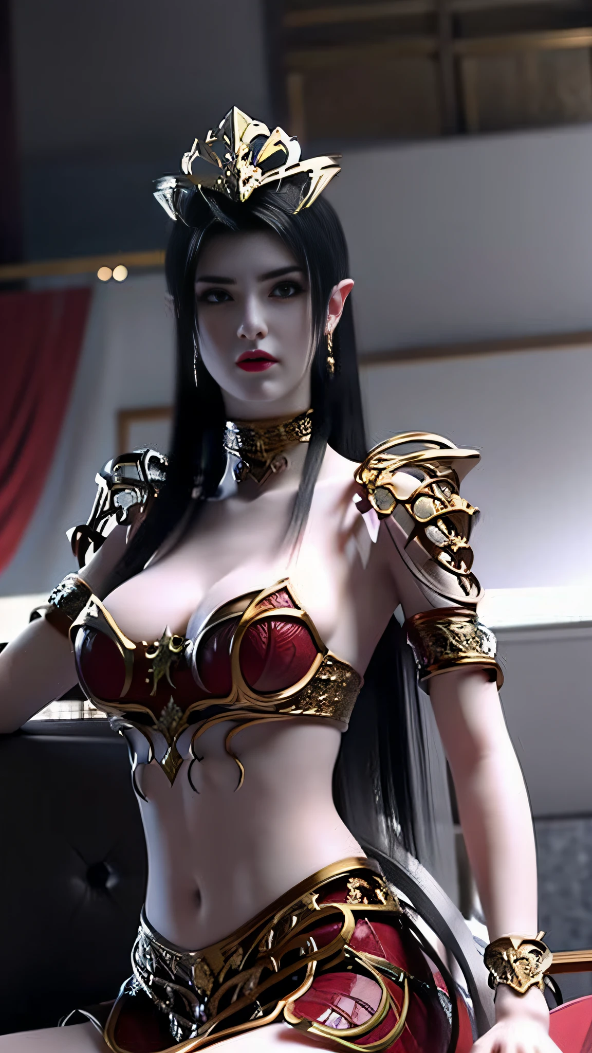 8K portrait of a young girl，short hair and tanned skin，see-through wet lingerie，Naked of breast，a flat chest，see through fabric，Cut the fabric，ellegance，highly  detailed，A majestic，Digital photography，surrealism painting，Half Dress，Crotch，big breasts beautiful（tmasterpiece，Sideslit，Fine beautiful eyes：1.2），HDR nudity，Masterpiece, Best quality,（Realistic：1.3）,realskin,Yuzu,High heel,(1 girl,(full body)),Photo,18yr old, (Red) dress,With long black hair,Long legs, Fantastic White High Heels, Beautiful Custom Figure, NSFW,(1girll), Breasts,[Delicate and ornate gem-encrusted heels],Pure white background,1girll, Armor, black_Hair, Al, ((Red high heels)),v4