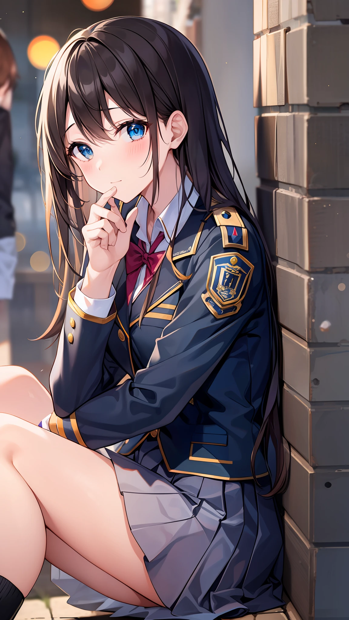 top-quality、Exquisite、High school girl in uniform sitting on the ground with her knees upright、Blushing and staring at me、