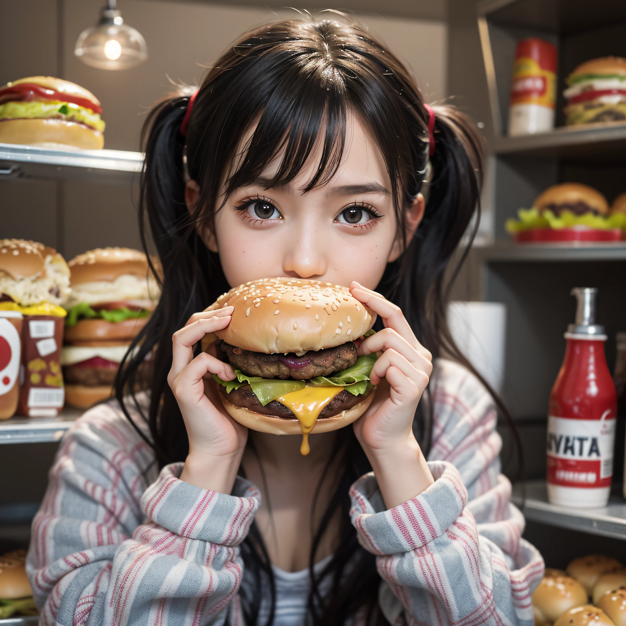 arafed girl holding a hamburger in front of a shelf of hamburgers, super realistic food picture, realistic anime 3 d style, eating burgers, realistic anime artstyle, realistic art style, anime food, anime girl in real life, realistic, serving burgers, realistic young girl, eating a burger, photorealistic girl ,