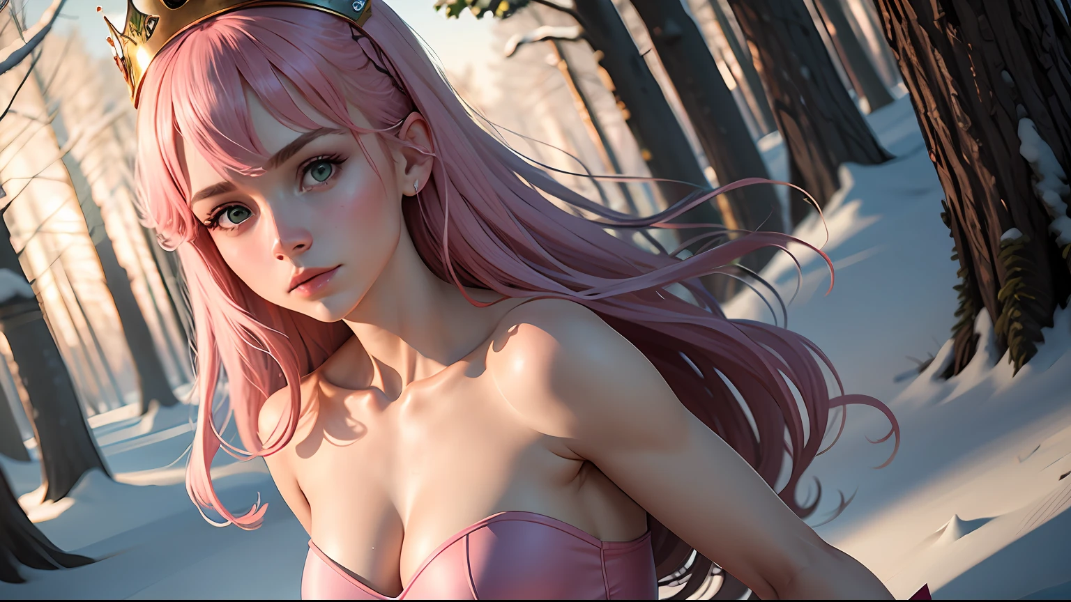 (8k, RAW photo, best quality, masterpiece), ultra high res, (realistic, photo-realistic), 1girl, emotionless, solo, pink hair, one yellow and one green eyes, professional lighting, detailed lighting, backlighting, depth of field, natural lighting, hard focus, two-meter shooting distance, professional photoshoot, detailed eyes, realistic eyes, detailed shadow, game cg, cosplay, pink clothes with arm ring, strapless, upper body, pink clothes, outdoors, crown, sleeveless,
wheaten skin, outdoors, snow, forest and grass,