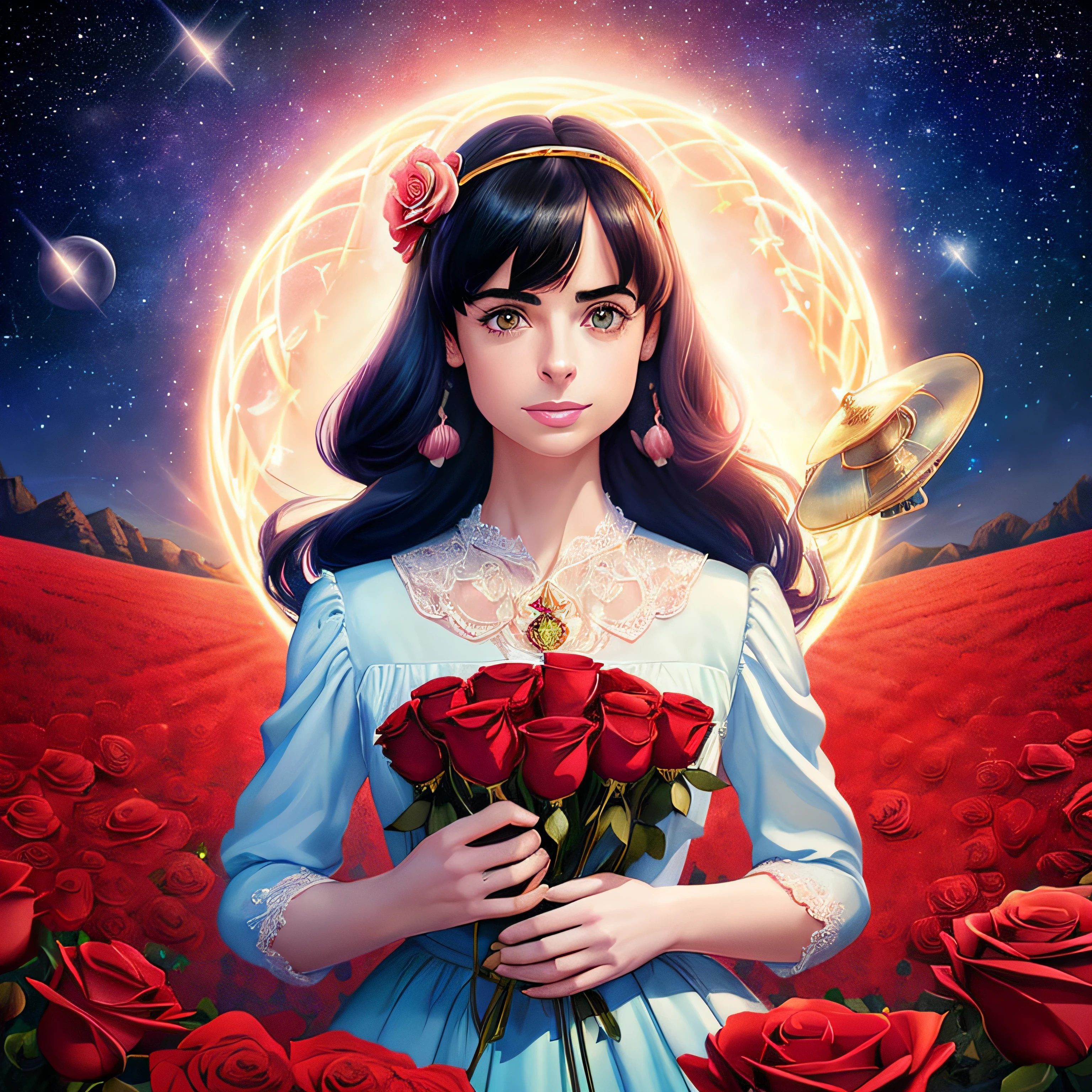 (((meio retrato))), (((there's Krysten Ritter who's happily staring at a field of red roses ))), (((A flying saucer is visible in the sky))), (((Background visible universe))), (((estrelas vermelhas sao visiveis no ceu))), (((it's at night))), Beautiful digital illustration, painting digital adorable, pintura realista da menina bonito, retrato bonito da arte da fantasia, retrato bonito da fantasia, bela arte digital, stunning digital illustration, a beautiful artwork illustration, Digital painting nice, lindo pintura digital, retrato da arte da fantasia, bela arte digital, (((usando brincos de rosas))), usando gargantilha com um pingente pequeno,
