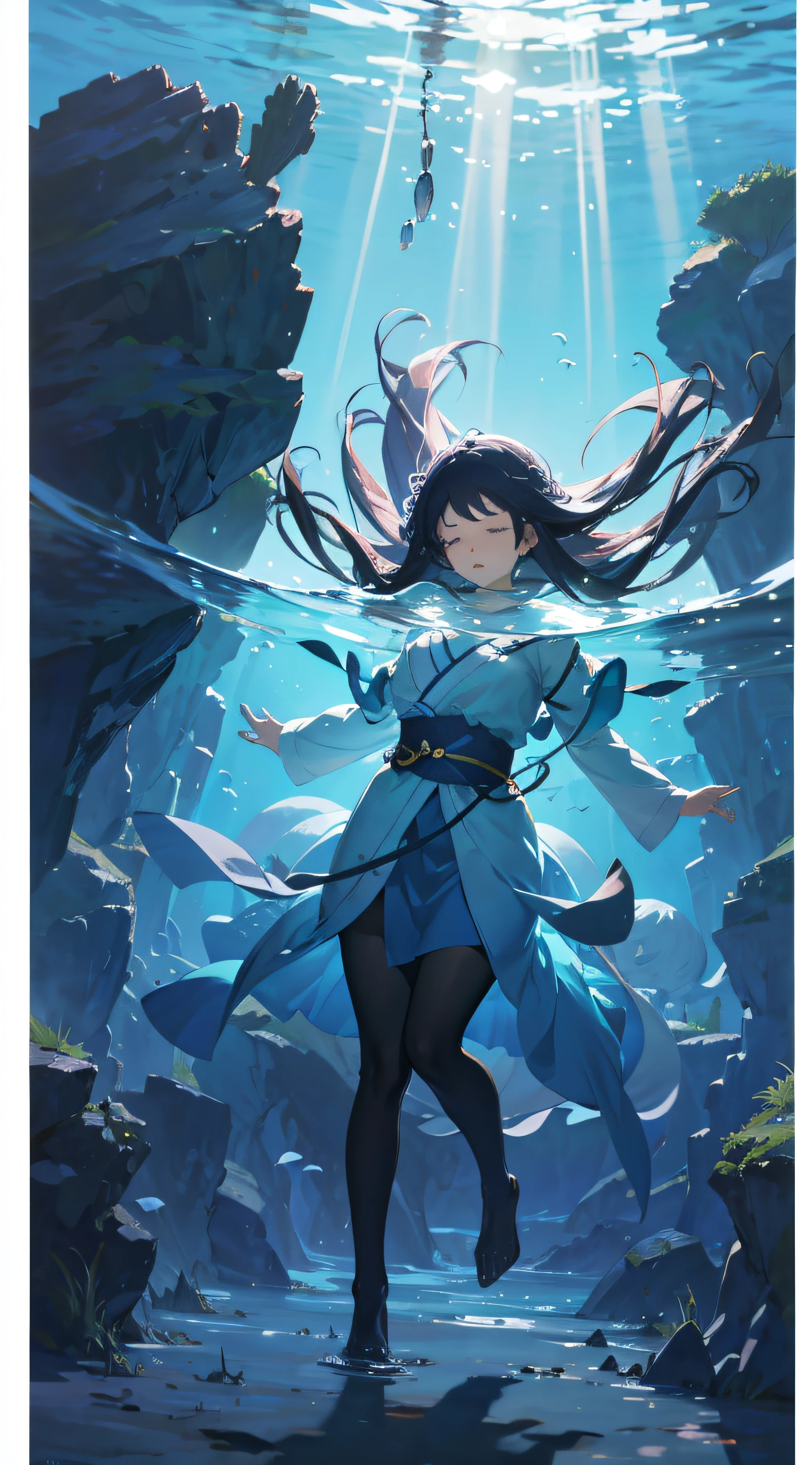 Underwater world,Corpse with closed eyes,levitating,large scene,Transparent light and shadow,Anime style,hiyao miyazaki