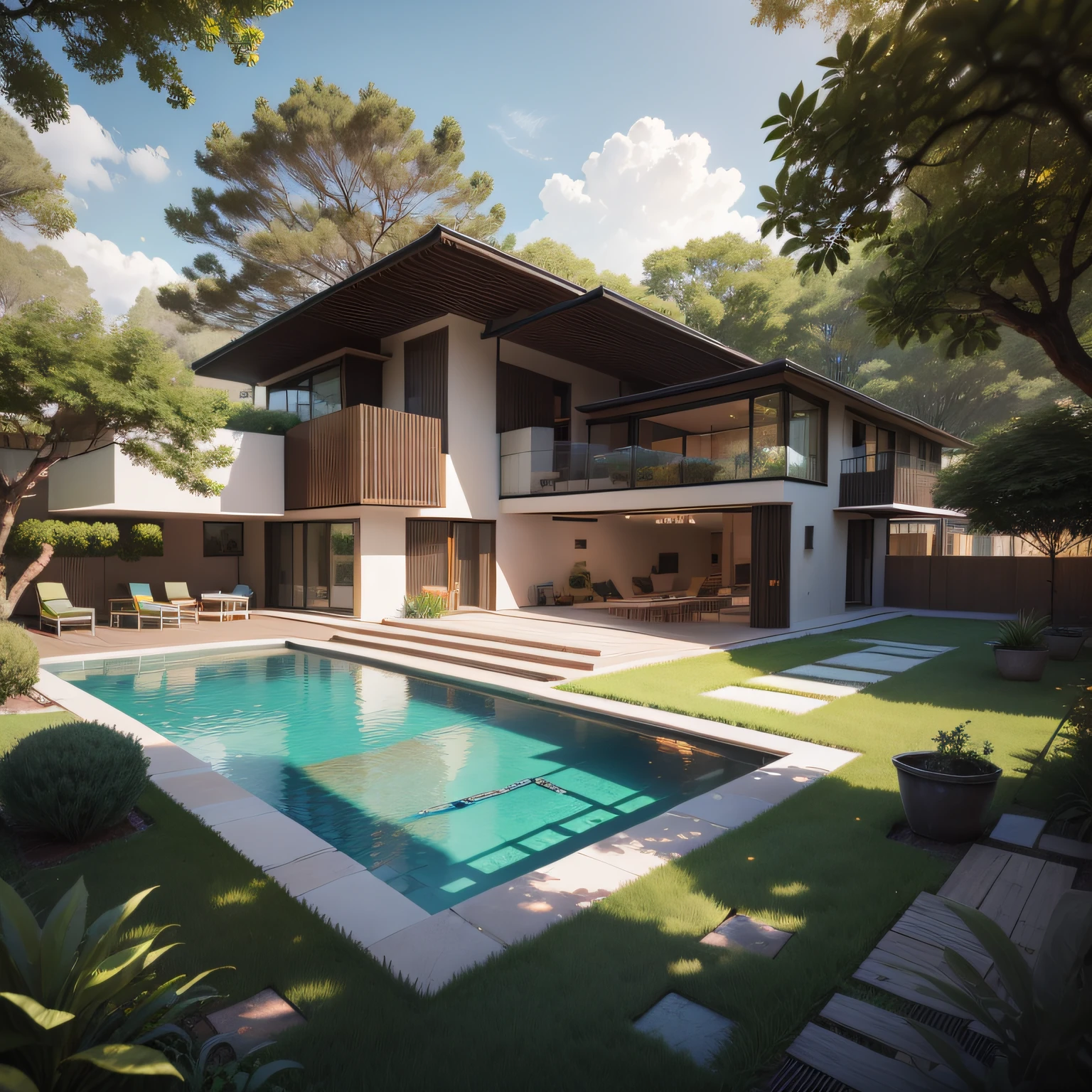 Organic modern architecture in an organized plot, Terreno bastante grande, terreno paisagem, pradaria com arvores , There is a swimming pool in the middle of a large one-story house, cor da casa em vigas marrom chocolate e preto, large modern residence, telhados planos e jardim, render luxcore, renderizar oktane, a photorealistic rendering, architectural render, mantra rendering, architectural render, realism rendering, architectural visualisation, piscina de bem-estar, architectural visualisation, Large green areas, com pequenas zonas de flores de lavanda, arbustos verdes tipo exuberante jardim verde, as well as small water mirrors, swimming pool embedded in an area of sand, oliveiras e pinheiros ao redor da casa, 8k ultra-realista, muito detalhe