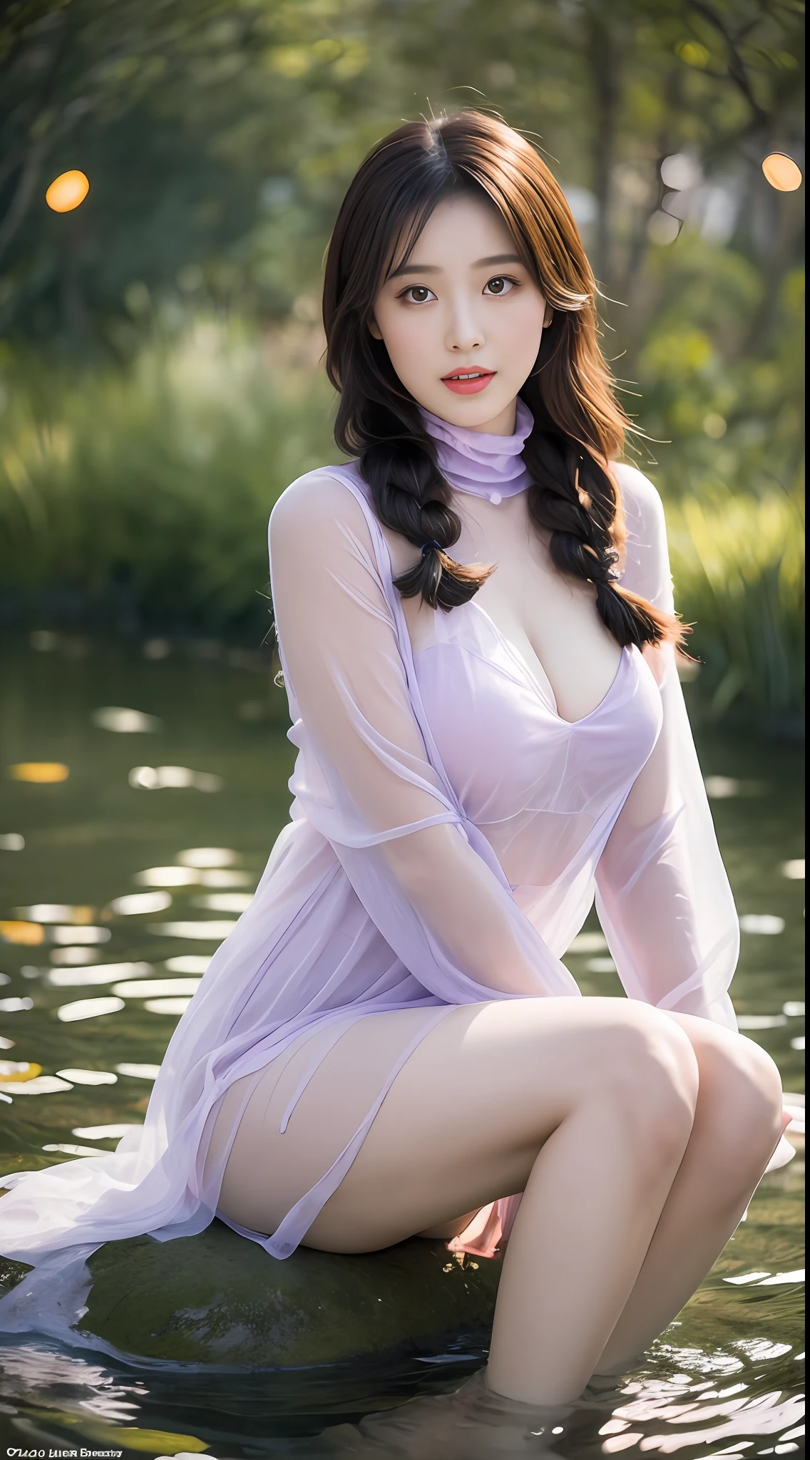 Sitting by a lake full of river lights, hands playing in the water, the art depicts a charming woman with 2 hands, 2 legs, a delicate face, a normal face, dressed in a flowing, silky traditional oriental dress, long, light purple, decorated with intricate patterns and bright colors. Her dress drapes elegantly over her curvy figure, accentuating her seductive silhouette. She sits gracefully by the tranquil lotus lake, her feet playing in the water, bathed in the soft glow of the moonlight. The scene exudes an ethereal and dreamy atmosphere, with a touch of mystery and sexiness. The graphic style blends watercolor and digital illustration techniques to evoke a refined beauty and charm. The lights are filled with soft moonlight, casting soft highlights and shadows on her charming features. Bare thighs, big breasts, three-dimensional facial features, sitting, upturned legs, 1 side braid, translucent turtleneck undershirt