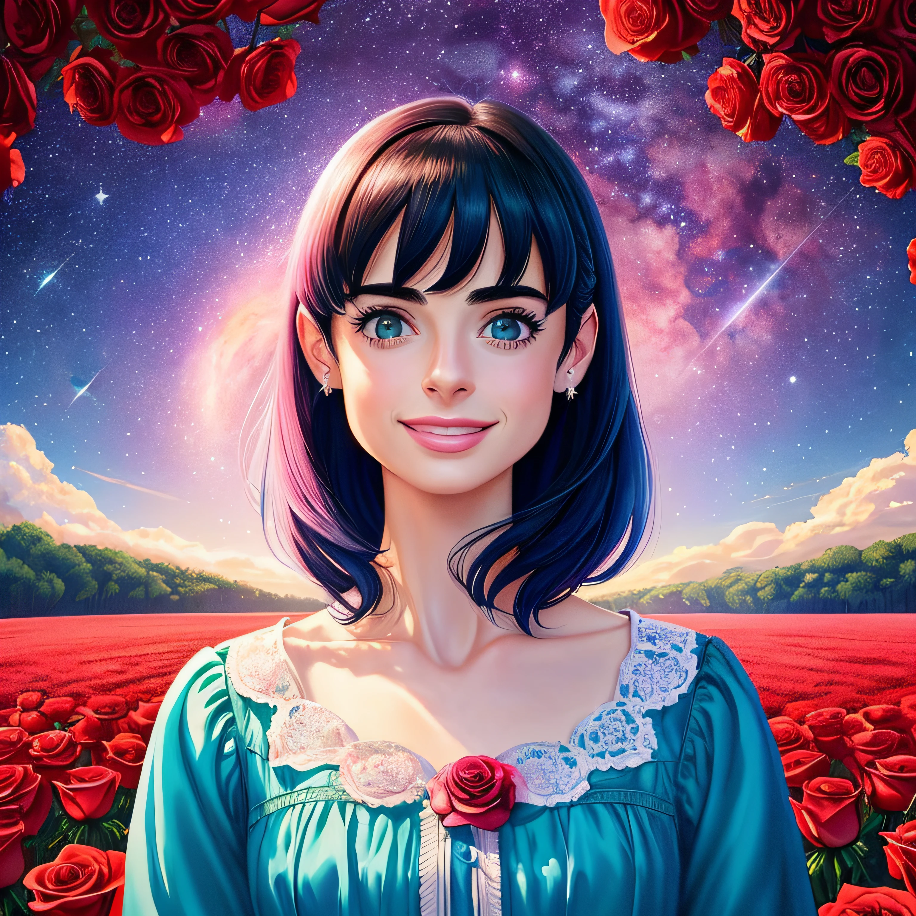 (((meio retrato))), (((there's Krysten Ritter who's smiling looking at a field of red roses ))), (((A flying saucer is visible in the sky))), (((Background visible universe))), (((estrelas vermelhas sao visiveis no ceu))), (((it's at night))), Beautiful digital illustration, painting digital adorable, pintura realista da menina bonito, retrato bonito da arte da fantasia, retrato bonito da fantasia, bela arte digital, stunning digital illustration, a beautiful artwork illustration, Digital painting nice, lindo pintura digital, retrato da arte da fantasia, bela arte digital, (((usando brincos de rosas))), usando gargantilha com um pingente pequeno, em batom rosa
