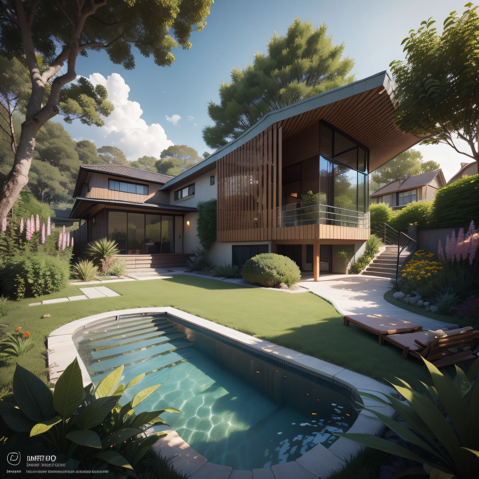 Organic modern architecture in an organized plot, Terreno bastante grande, terreno paisagem, pradaria com arvores , There is a swimming pool in the middle of a large one-story house, cor da casa em vigas marrom chocolate e preto, large modern residence, telhados planos e jardim, render luxcore, renderizar oktane, a photorealistic rendering, architectural render, mantra rendering, architectural render, realism rendering, architectural visualisation, piscina de bem-estar, architectural visualisation,  Large green areas, com pequenas zonas de flores de lavanda, arbustos verdes tipo exuberante jardim verde, as well as small water mirrors, swimming pool embedded in an area of sand, oliveiras e pinheiros ao redor da casa, 8k ultra-realista, muito detalhe
