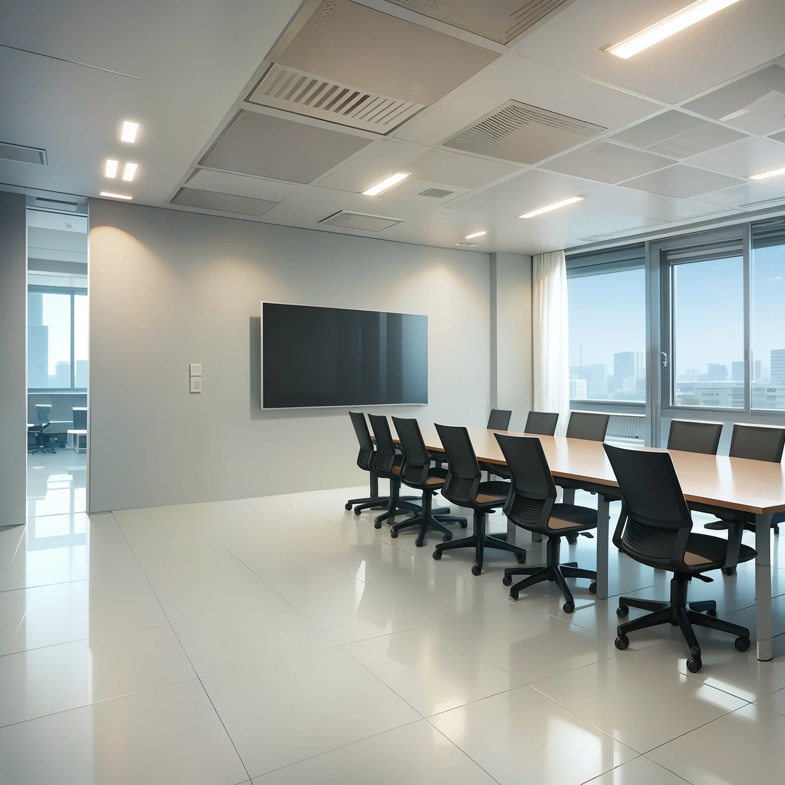 Background, No People, Office, Meeting room, Realistic Rendering, White Interior, White desk, White Light, Modern Interior, TV Screen, narrow room, Long Desk and Many Chairs