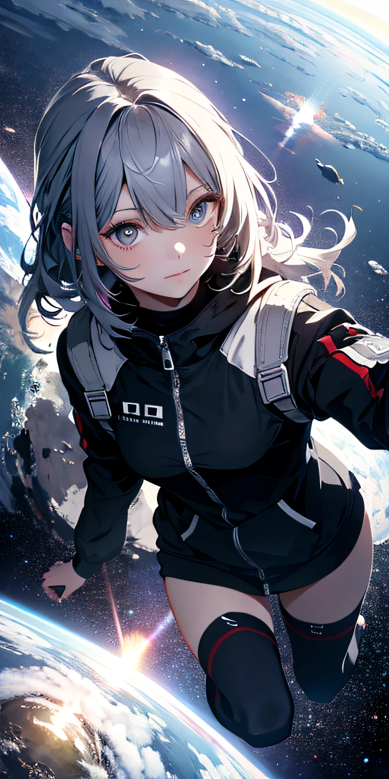 absurd res, high res, (masterpiece:1.4), ultra-detailed, 1girl, from above, space, floating