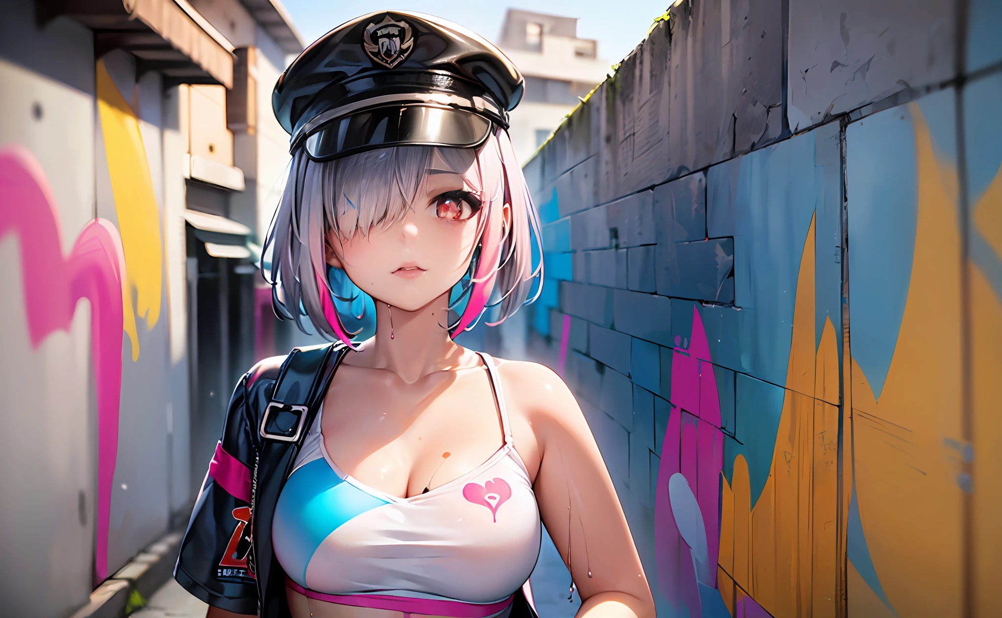 1girl, solo, (silver and pink alternate hair color:1.331), (short hair, cornrows, hair over one eye:1.2), {{;)}}, (red eyes, star-shaped pupils, glint:1.2), long eyelashes, (kubrick stare:1.15), mole under mouth, goggles on peaked cap, streetwear, medium breasts,(color splashing, street graffiti:1.41), (colorful:1.331), panorama,(The background is a wall painted with street graffiti:1.3),(wallwalking:1.4), ray tracing, cinematic lighting, anatomically correct, masterpiece, high details, high quality, highres