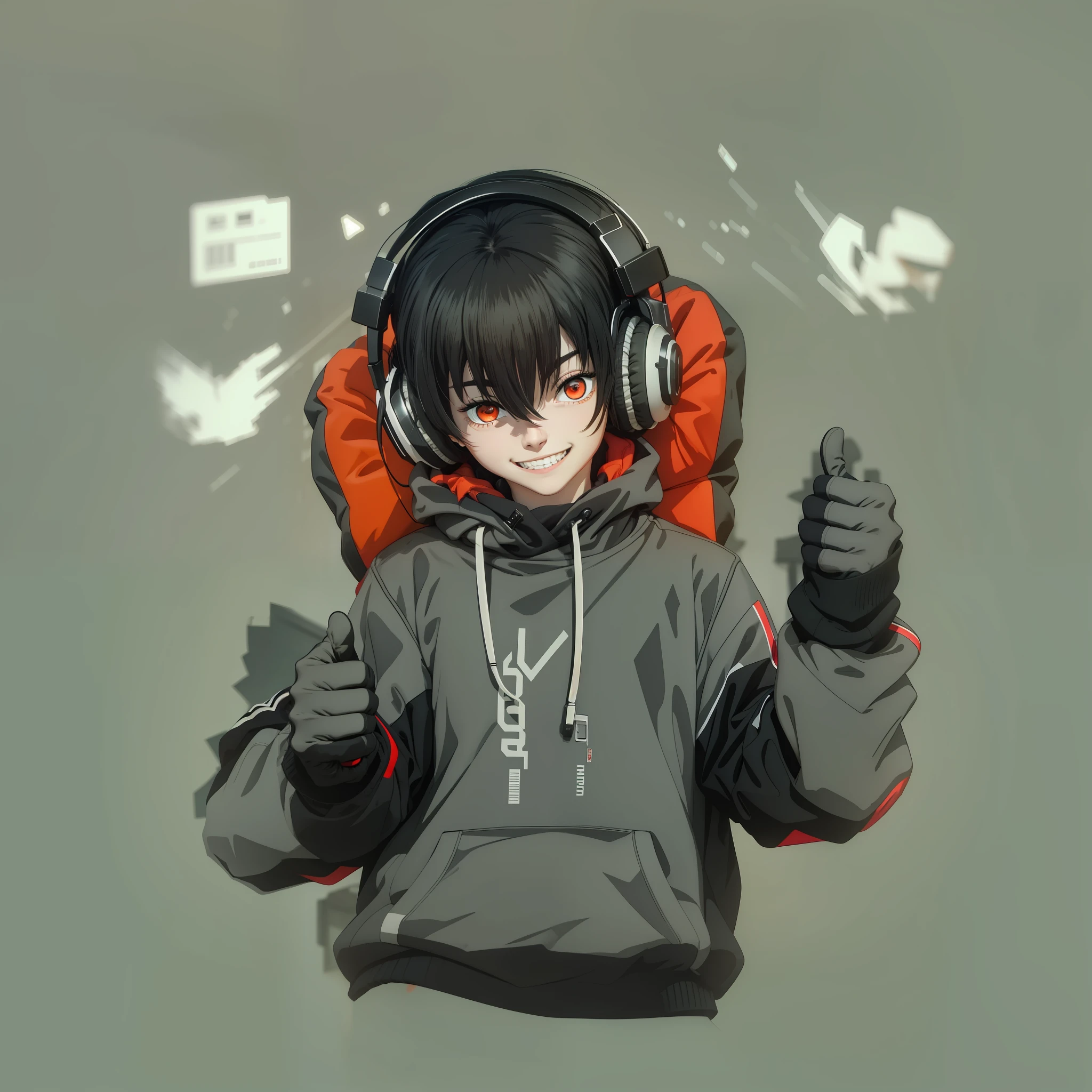 The upper part of the body,Gray-black haired teenager,red eyes,Black sweatshirt,White lining,Black and red headphones,grin,Thumbs up