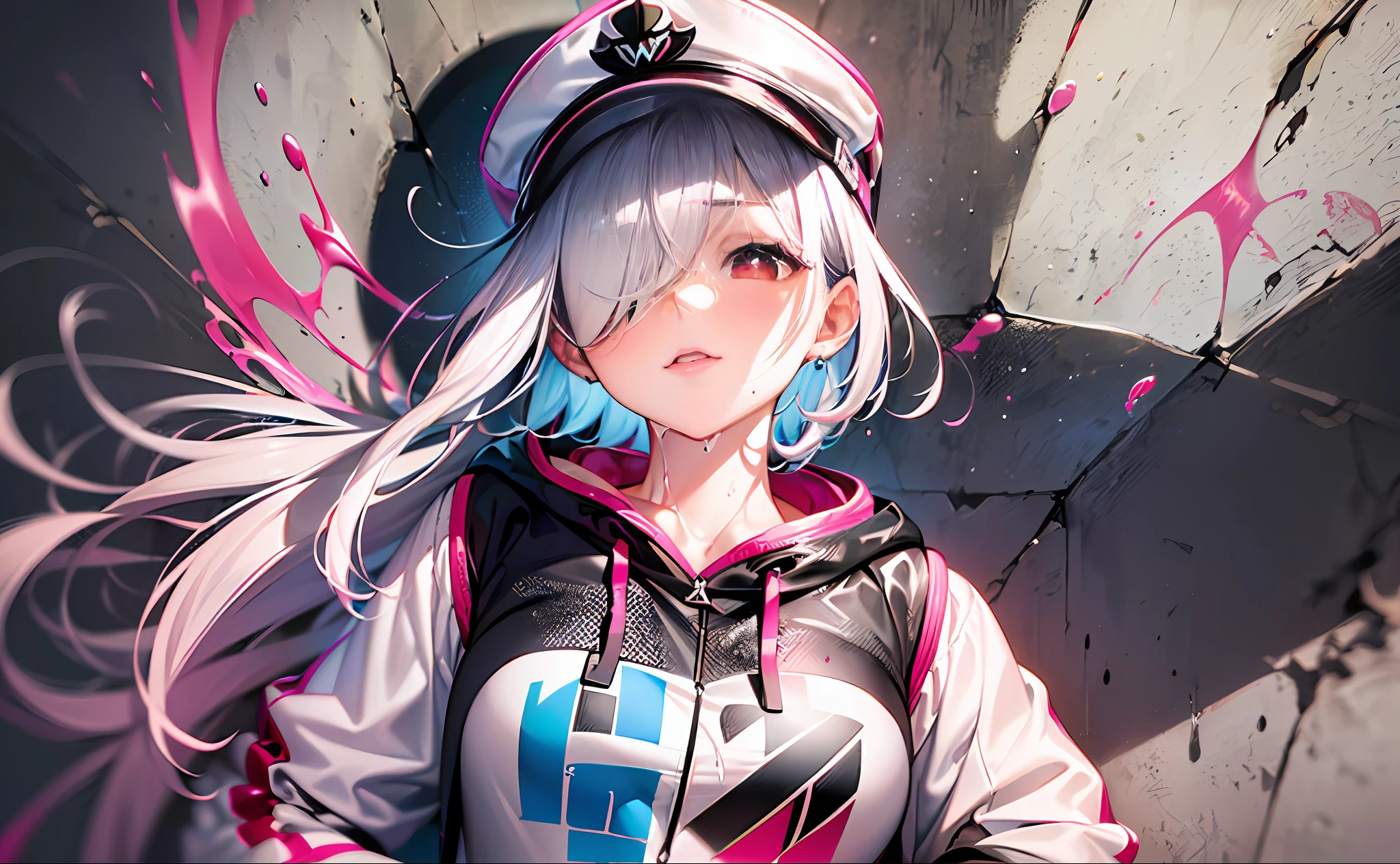 1girl, solo, (silver and pink alternate hair color:1.331), (short hair, cornrows, hair over one eye:1.2), {{;)}}, (red eyes, star-shaped pupils, glint:1.2), long eyelashes, (kubrick stare:1.15), mole under mouth, goggles on peaked cap, streetwear, medium breasts,(color splashing, street graffiti:1.41), (colorful:1.331), panorama,(The background is a wall painted with street graffiti:1.3),(wallwalking:1.4), ray tracing, cinematic lighting, anatomically correct, masterpiece, high details, high quality, highres