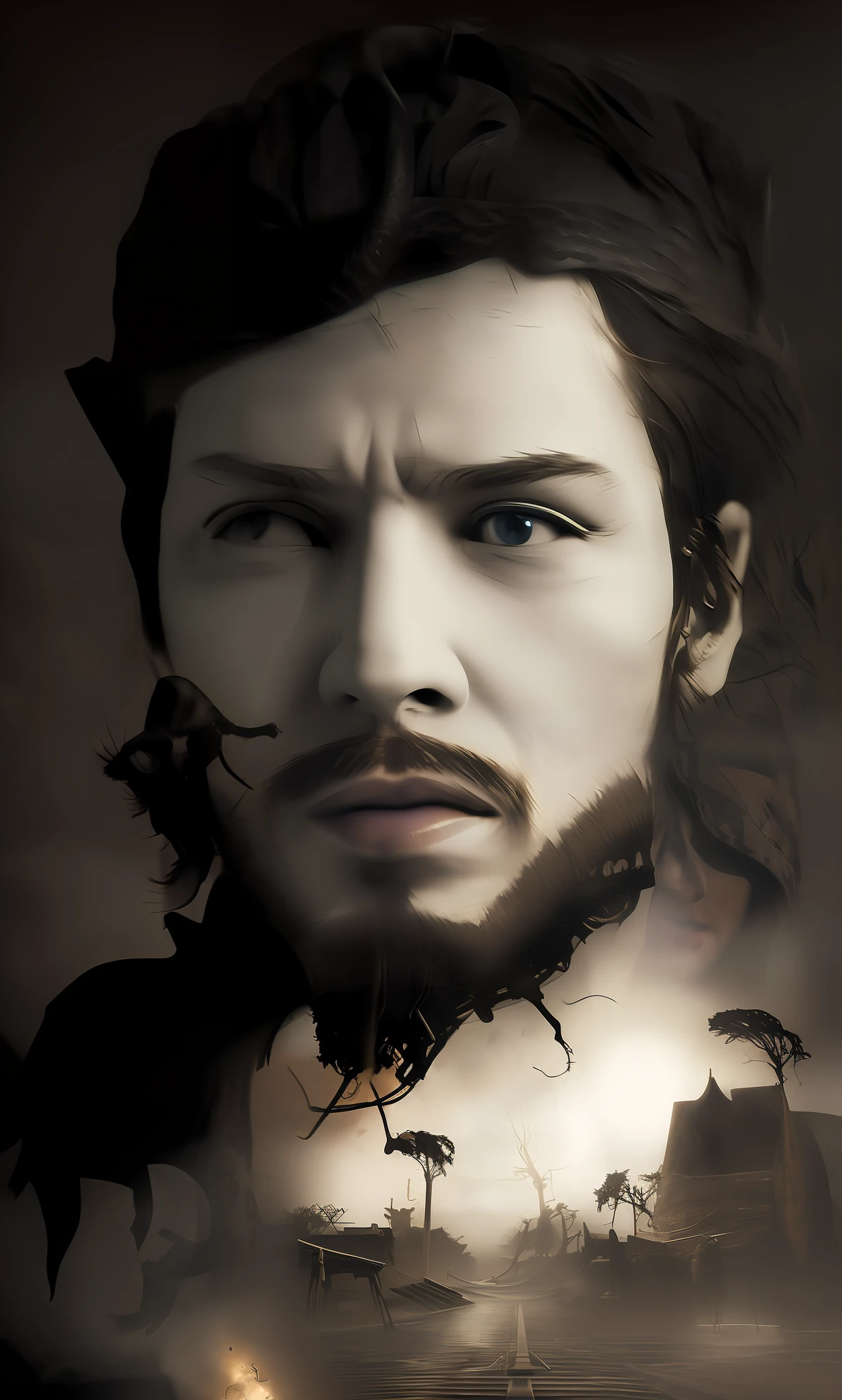 A photorealistic portrait of a dark snake man with black face scales, macabre scenery in the arizona desert, ((vultures)), ((rattlesnakes)), rats)), ((rats)), ((sinister snakes)), ((deadly animals)), ((coyotes)), ((desert cactor)), ((carcass of dead animals)), ((abandoned and rusted cars)), ((destroyed wooden houses)), ((route 66)), ((macabre)), sinister)), ((tension)), ((spirits)), (supernatural phenomena), (macumba), (entities), horror ambience, morbid colors, Dark lighting, areligious symbols, cross, churches, crucifixes, macabre atmosphere, superimposed images creating a gloomy atmosphere)), (8k quality), dramatic lighting, sharp focus artistic composition, (dark and intense atmosphere), (post-apocalyptic photography style), (great use of textures and shadows), (impressive use of light and shadow to create a chilling atmosphere), (impressive depth effects), (dark and cold tones), (ominous and mysterious atmosphere), (dramaticism in composition and lighting), (breathtaking visual quality), (a stunning work of art), (a demonic monster that seems to gain scale life), landscapes, character, 3d render, photo realistic, nsfw, realism, concept art, digital painting style, 3d photography, portraits, fantasy00d, starry,strry light,night,colorful,cloud,star \(sky\), gothicpunkai, bigbossink, ((face skin made from snakes)), ((skin with scales)), scaly face, realistic scales, ultra realistic, awesome scales, ((turning into desert snake)), ((vertical pupil)), snake pupil, ((((snake body wrapped around neck))))), dirty environment(vultures, rattlesnakes, rats, rats, sinister snakes, deadly animals, coyotes, desert cactor, carcass of dead animals, abandoned and rusty cars, destroyed wooden houses, route 66, macabre, sinister, tension, spirits, supernatural phenomena, macumba, entities, horror environment, morbid colors, dark lighting, religious symbols, cross, churches, cruci fixes, macabre atmosphere, superimposed images creating a dark atmosphere)), (8k quality), dramatic li