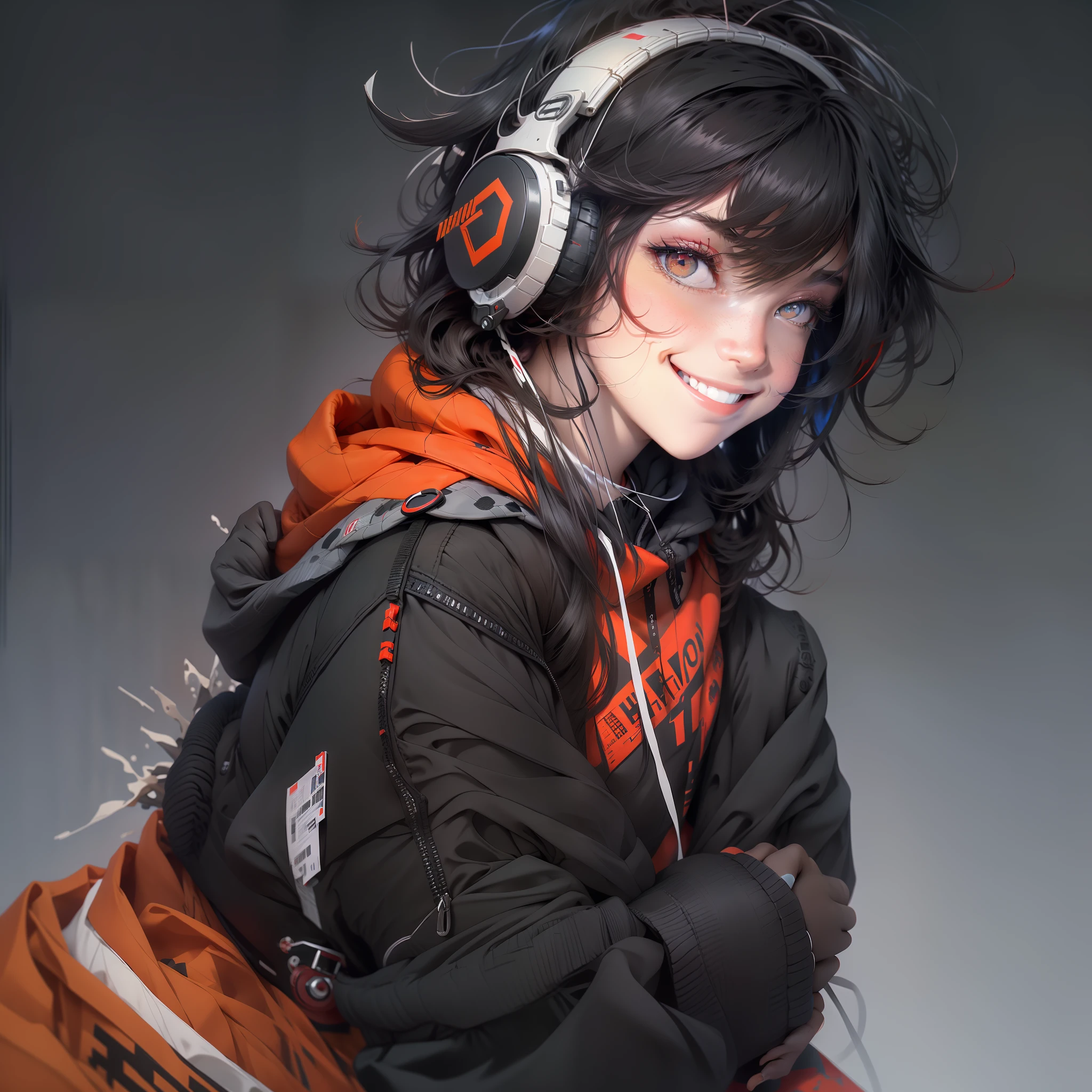 The upper part of the body,Gray-black haired teenager,red eyes,Black sweatshirt,White lining,Black and red headphones,grin,Thumbs up