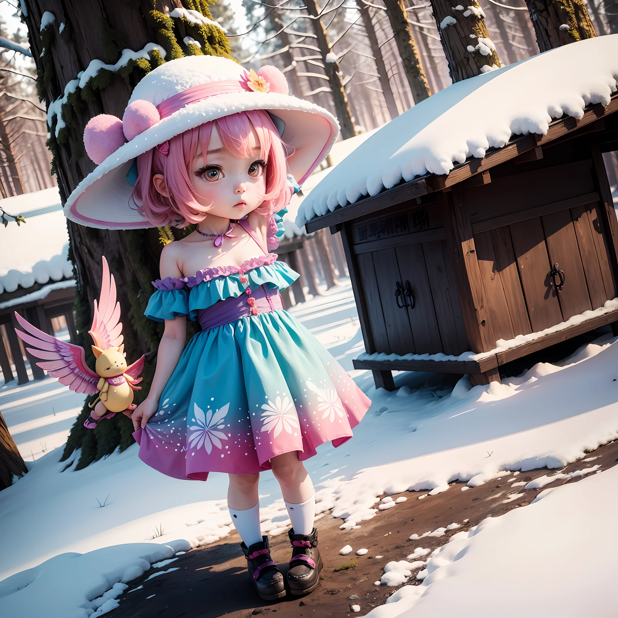 Forest in summer,A girl in a colorful hat and dress,There are pairs of wings on the back,chibi girl,Loli in dresses,Lori huge breasts cleavage,Kawaii chibi,Inspired by Lyckey,Chibi Art,inspired by Tawaraya Sōtatsu,Inspired by Yundu Snow,inspired by Wang Lü --auto