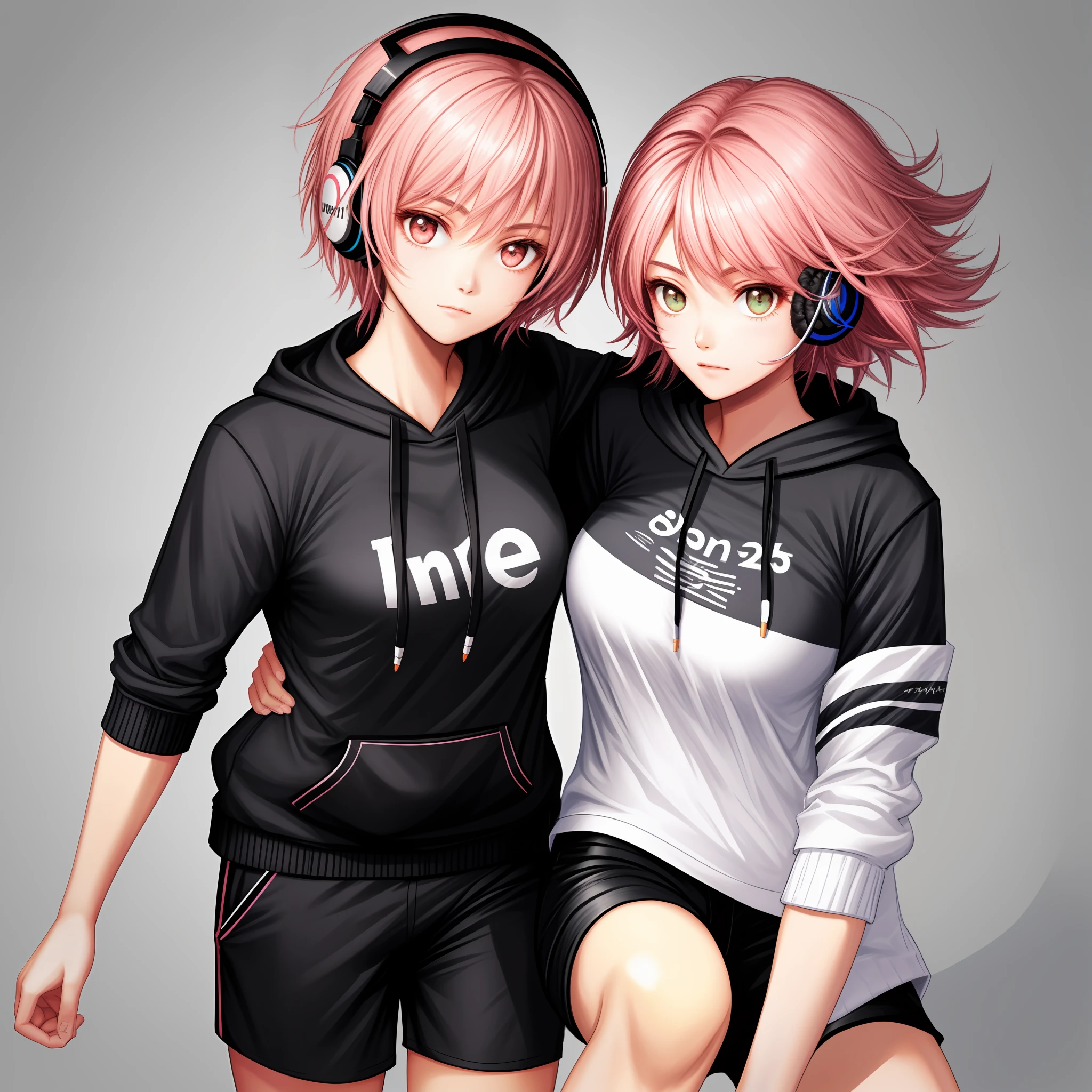 1 beautiful tomboy girl with medium breast Ted pink hair black Hoodie (no panties) short pants use headphone
