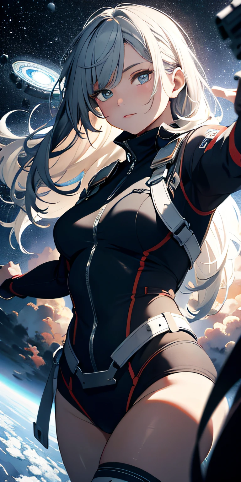 absurd res, high res, (masterpiece:1.4), ultra-detailed, 1girl, from above, space, floating