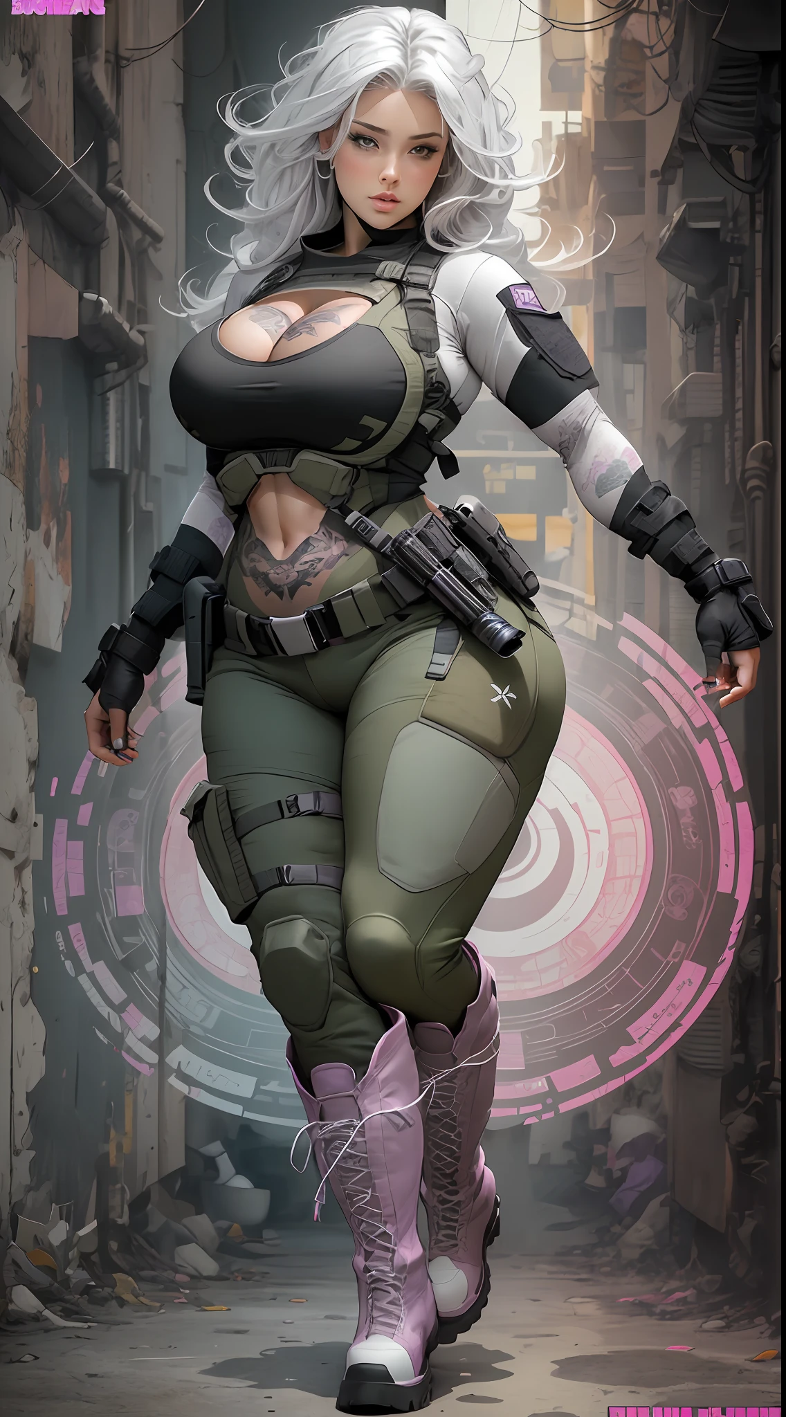 Grey, pink, white, purple, (long white hair woman), (full body shot), (tribal tattoos:1.1), (muscular;1.1), voluptuous curvy thick busty, big breasts, cleavage, sexy, erotic, (tactical techwear clothes:1.1), (tactical boots:1.1), abstract lines and circles background
