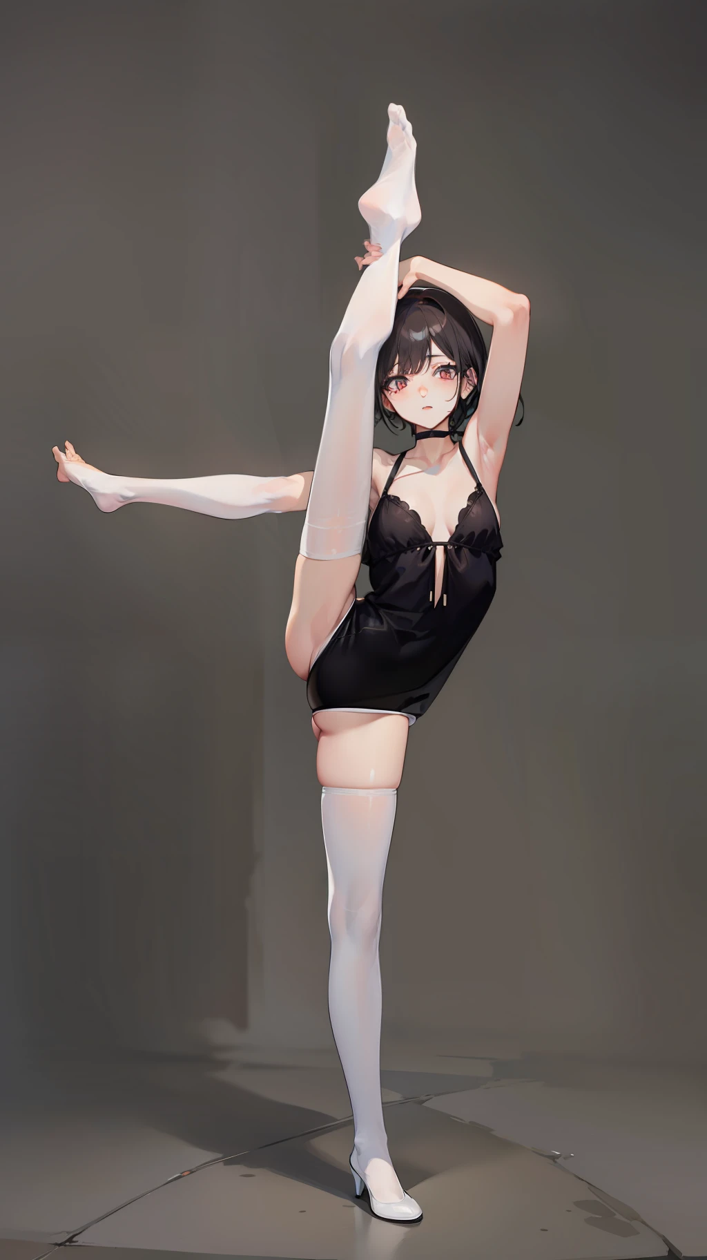 black color hair,,Black stage costume,White panty hose