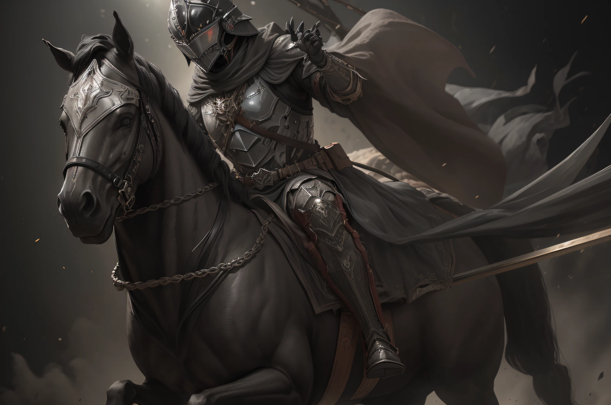 um cavaleiro com armadura brilhante, montado em um (((cavalo ????? ))). A Horseman of the Apocalypse holding a scale in a Scale Hand, in battle position.