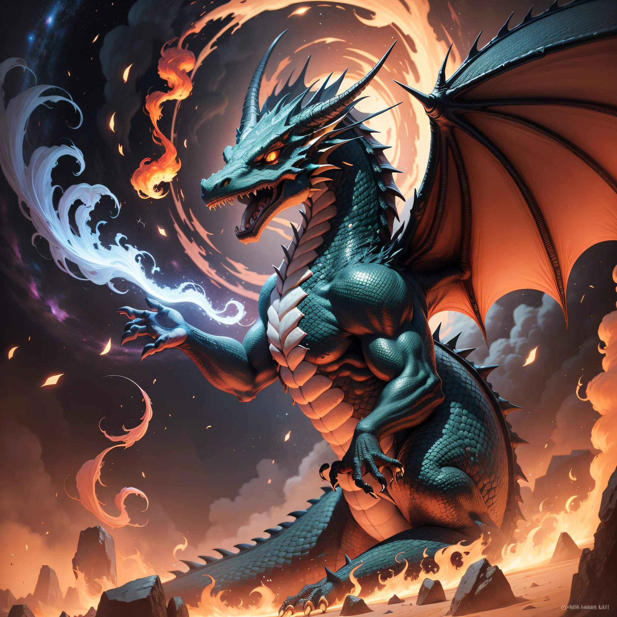 dragon, fire breathing, Space in background --v4