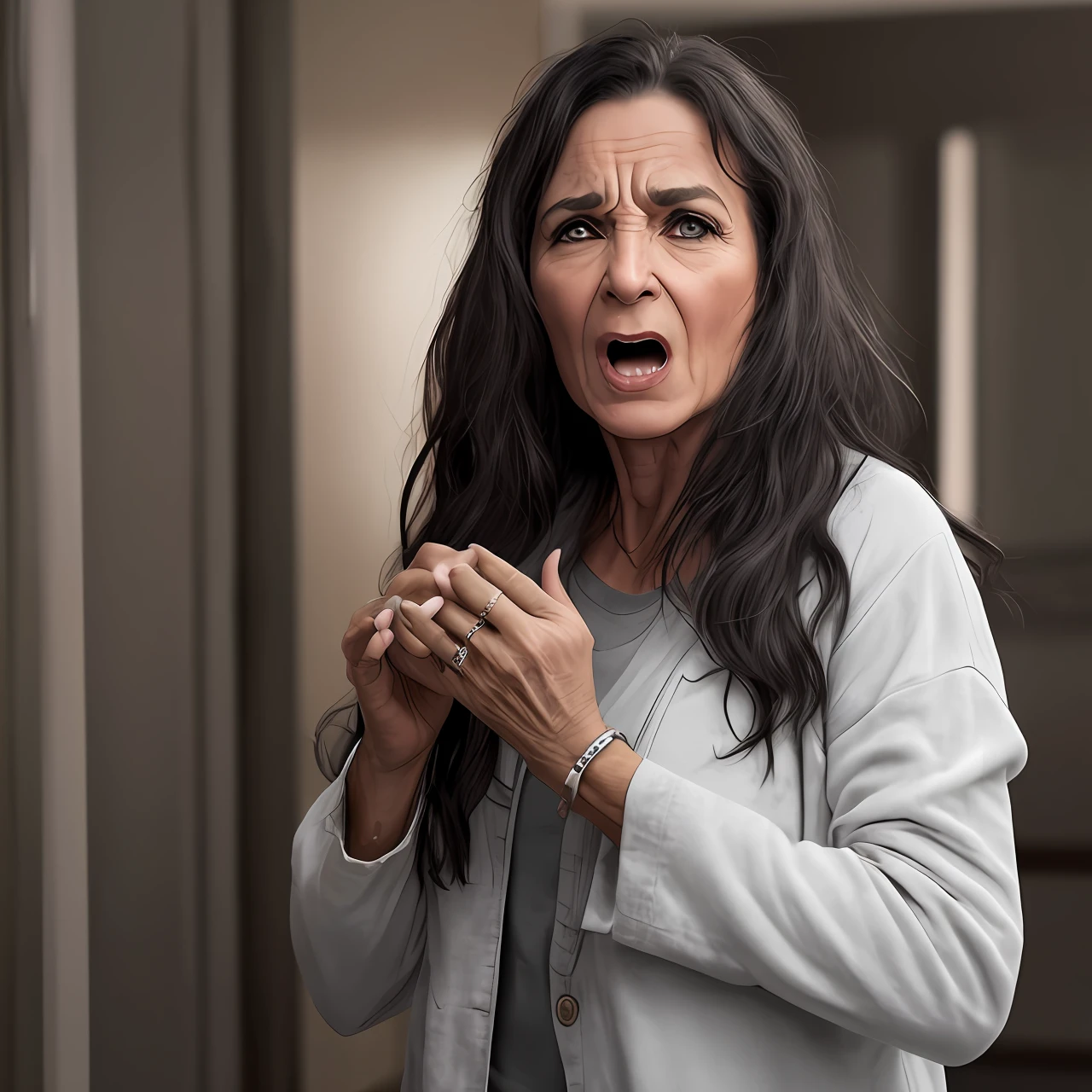 Crie uma imagem realista de uma mulher 51 anos cabelo longo preto liso, Facial expression suffered, with his hands in his mouth screaming