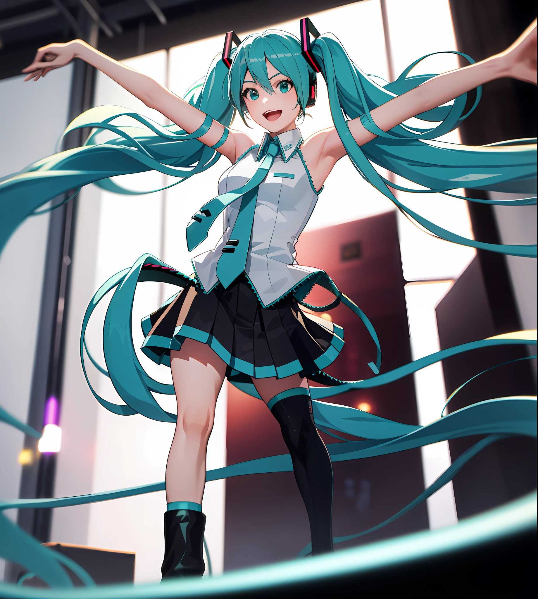 (melhor qualidade: 1.4), highres, obra-prima, ultra detalhado, realista, 1girl, (hatsune miku: 1.1), middlebreasts, sala de aula, rosto detalhado, rosto 3d, (retrato: 0.1)