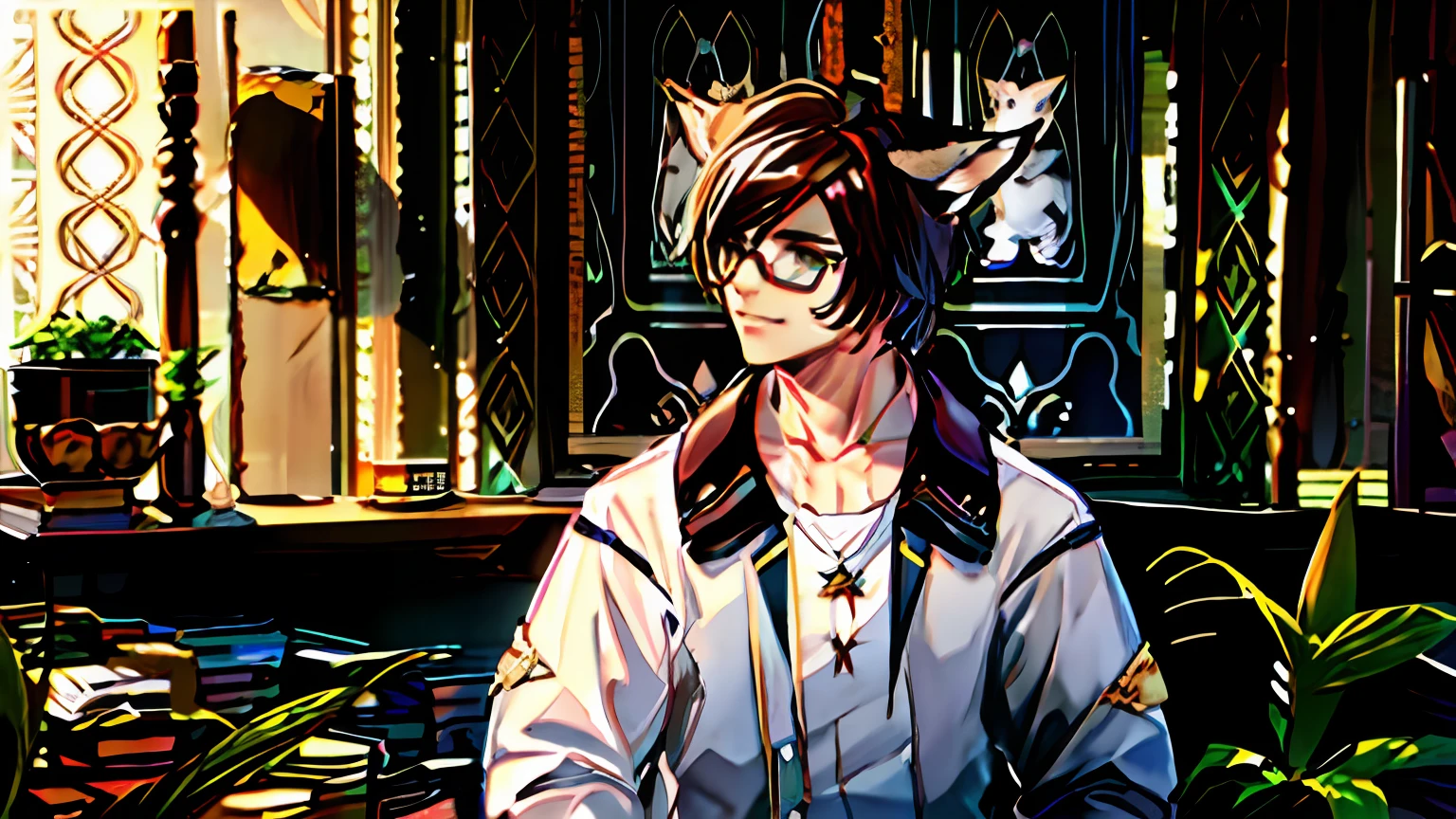 In the room is a man with a cat's ear and glasses, Boy with cat ears and tail, Tabaxi male,Man with cat ears, Стиль Final Fantasy 14, delicate androgynous prince, Man with cat ears, based on Ren Renfa, Скриншот Final Fantasy 1 4, attractive androgynous humanoid, The guy with fox ears
