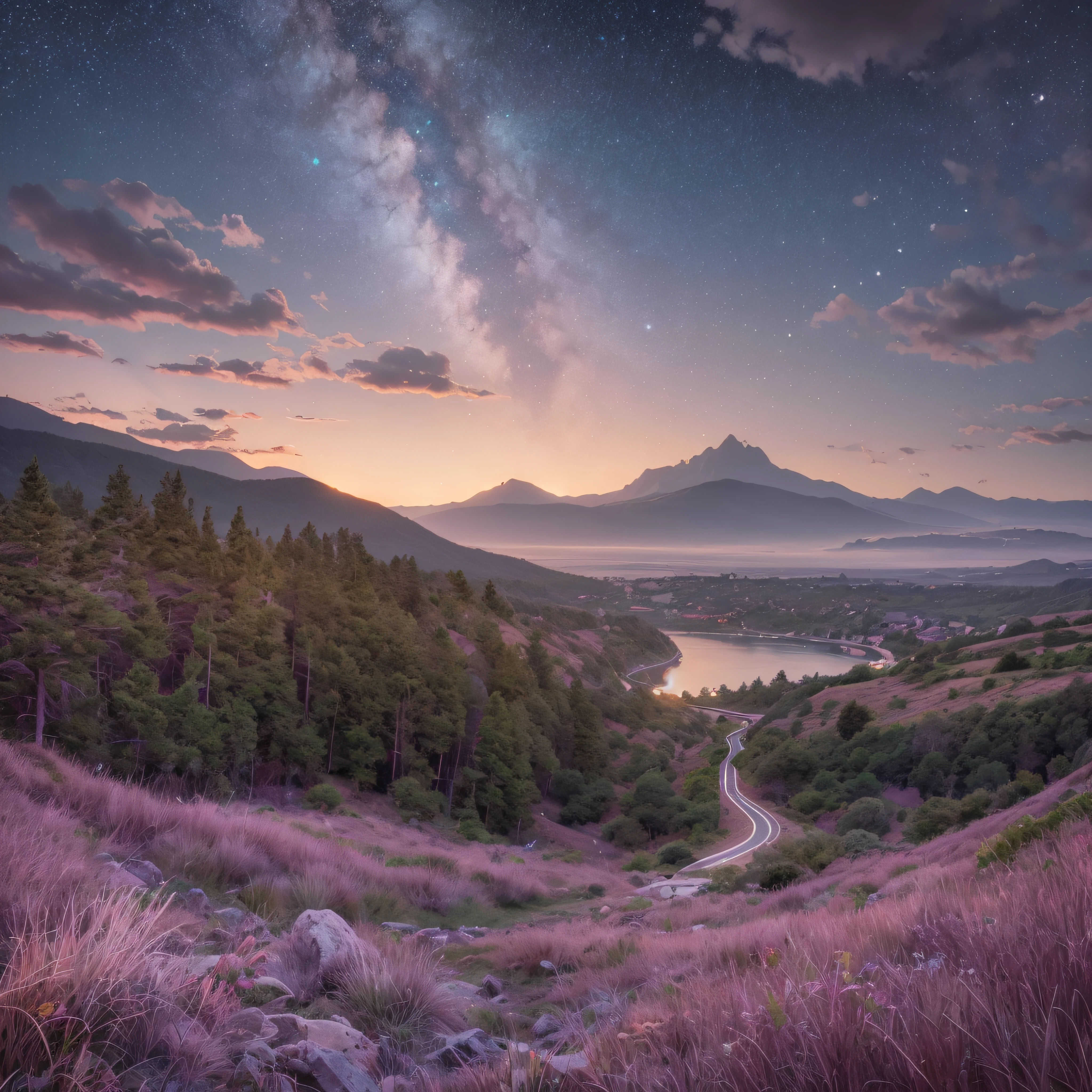 The picture is bright and well lit. no humans. (((Makoto Shinkai style)),pixiv,anime drawing,high quality,pink purple sky,beautiful scene),(universe,train passing,magical realism,((makoto shinkai style)) ::0.8), [Artistic Atmosphere, Atmosphere:0.8, Starry Sky, Hills, Snow Mountain, Sparkling Water, Grass, Trees, Smoke, Stars, Low Angle of View, Specular Scattering,