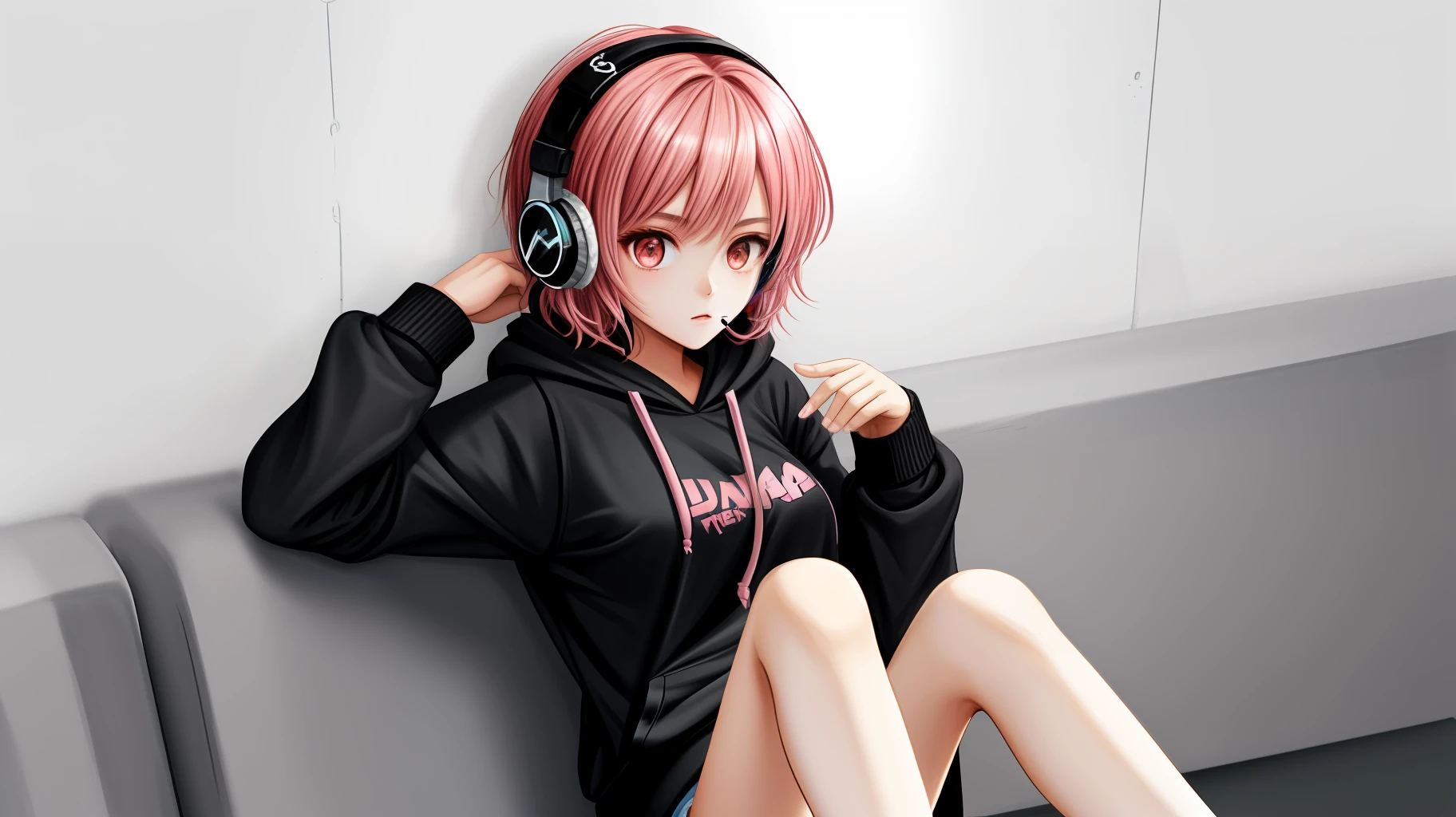 1 beautiful tomboy girl with medium breast Ted pink hair black Hoodie (no panties) short pants use headphone