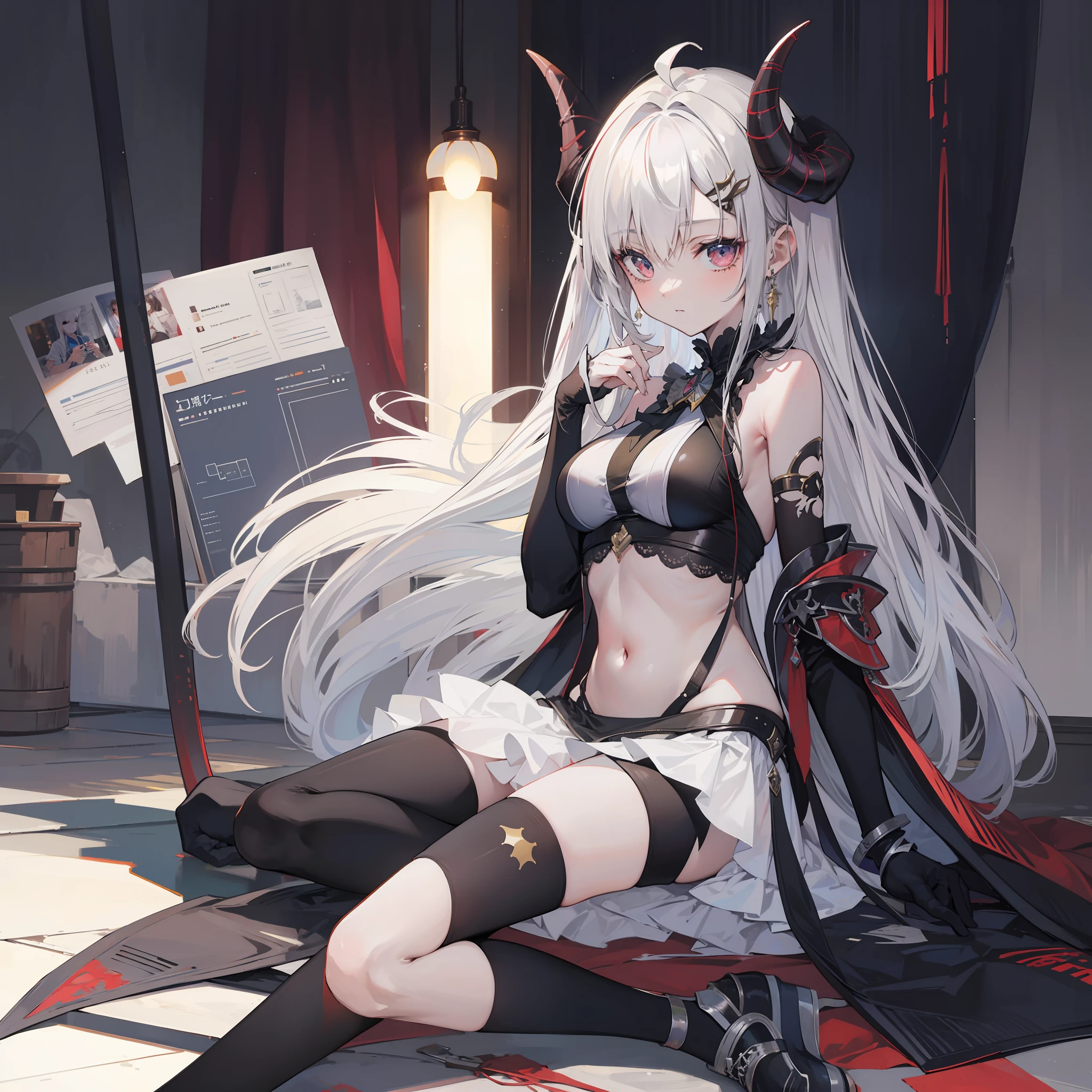 Masterpiece,1girll,Solo, Horns,White hair,Sitting,Long hair,Very long hair,