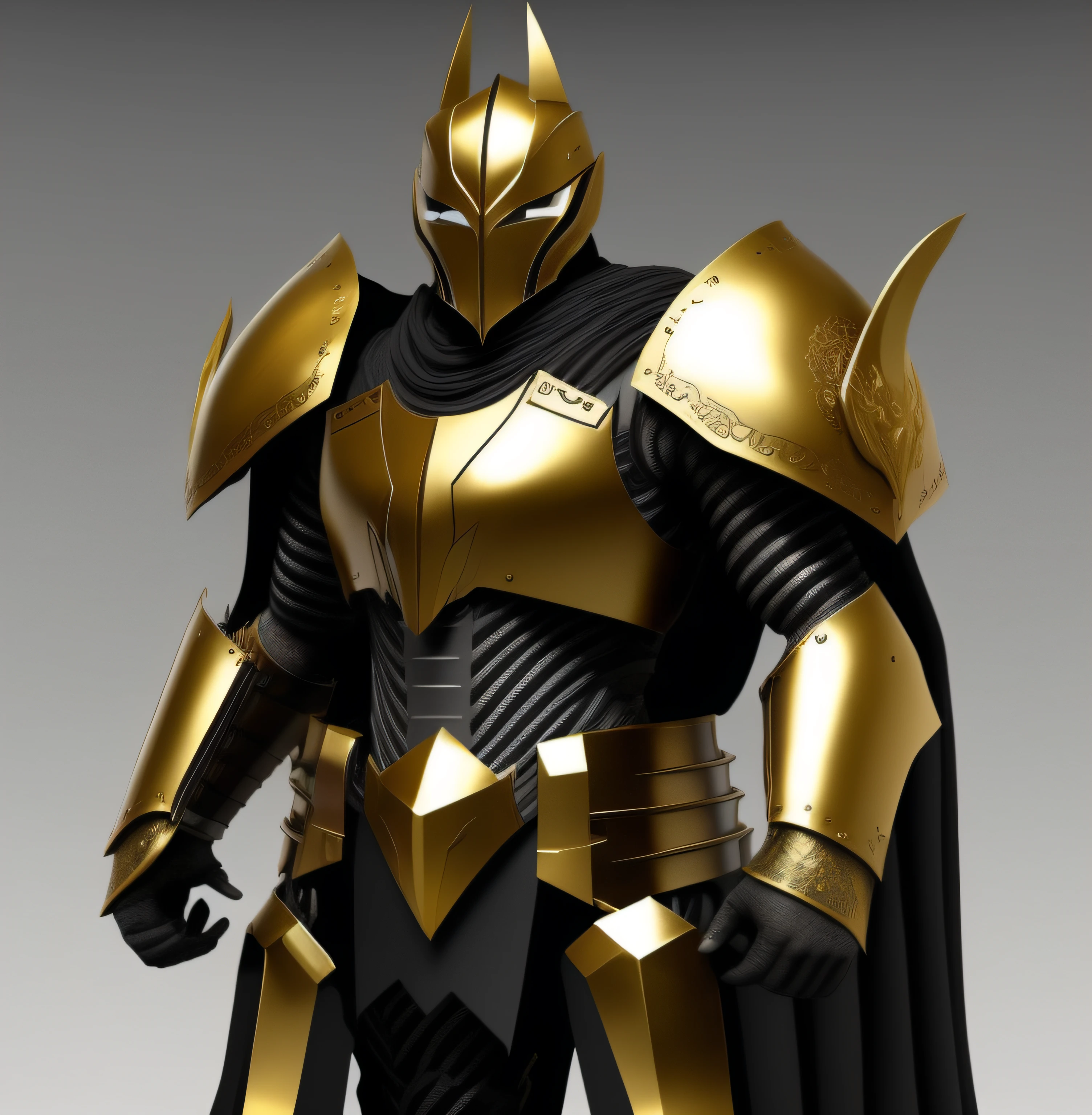 a batman with black color iron armor with gold color, ancient knights style strong body