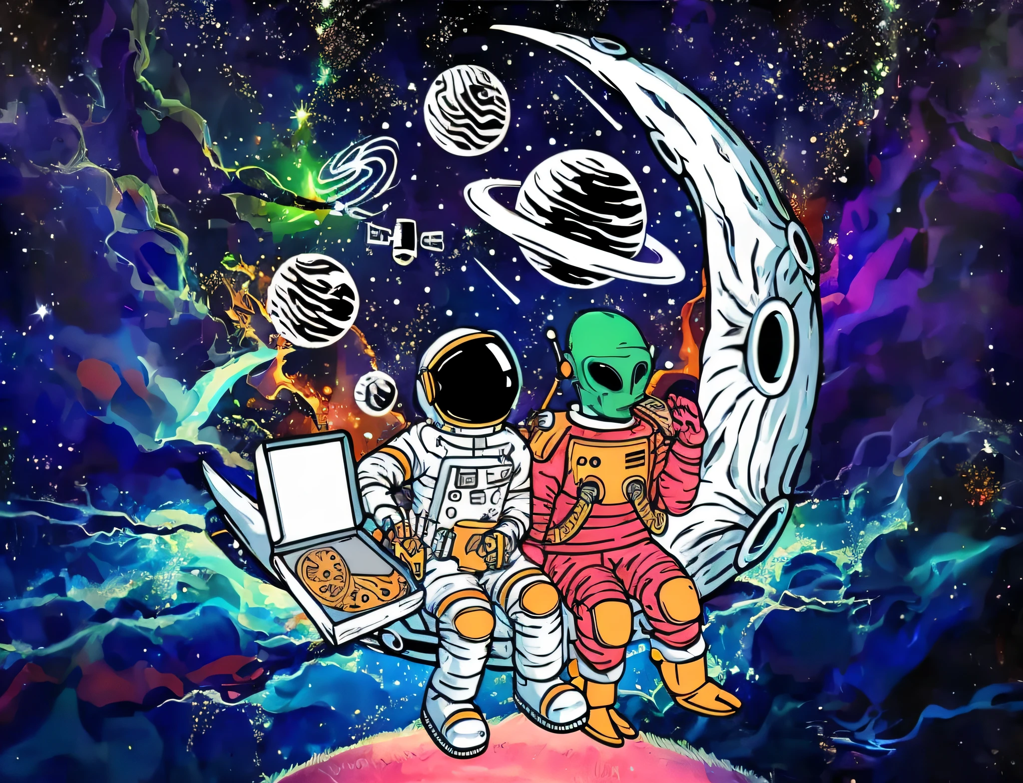 Illustration of two astronauts sitting on a planet with laptop, The astronaut, Space travelling, In space, outerspace, cosmic space, space, small astronauts, space dream, in the space, In outer space, Unknown space, space theme, Psychopathic Man Universe, space themed, Surreal space, space colors, Out of this world, Space travelling, in deep space