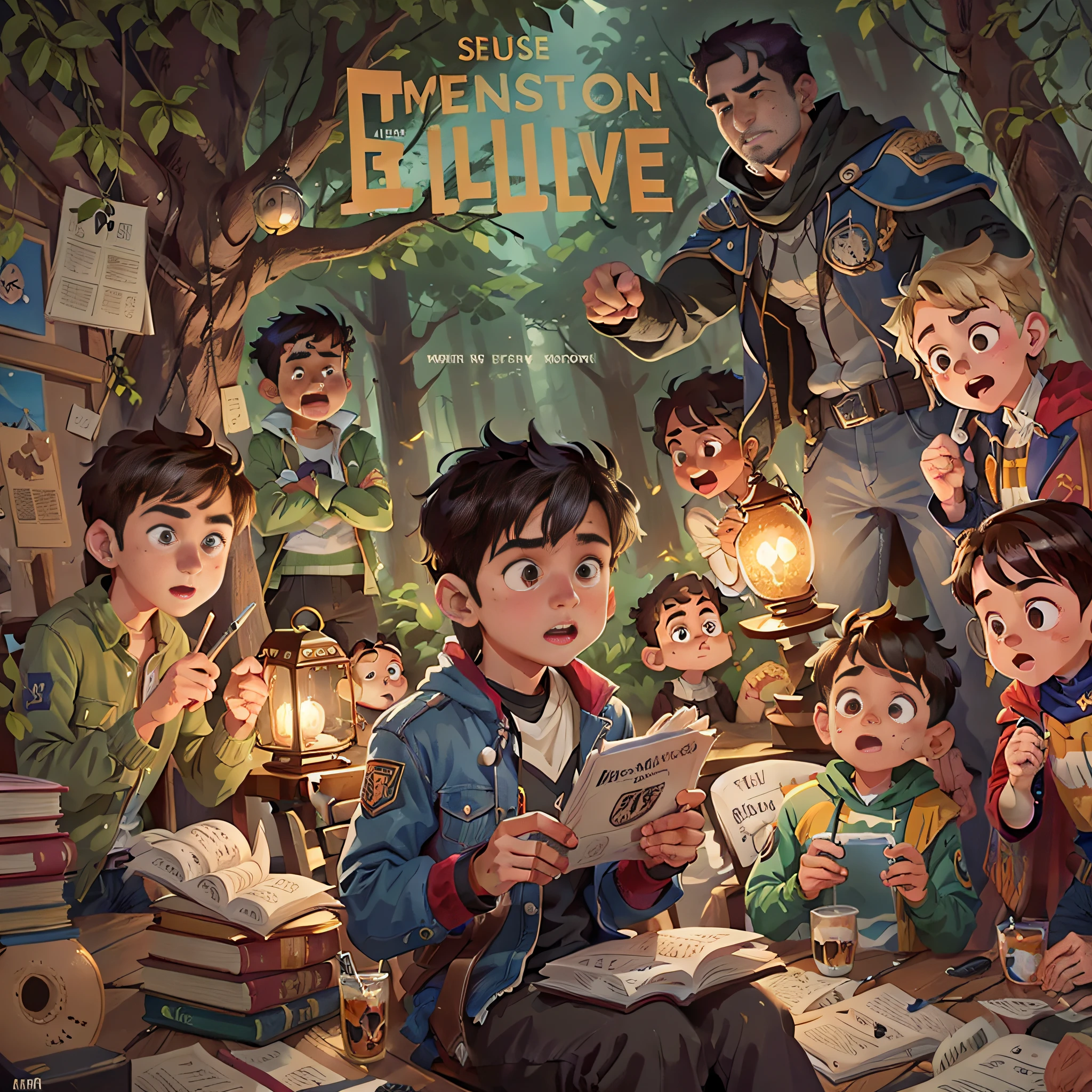 A capa do livro apresenta um protagonista, , adolescente com cabelos castanhos claros, exuding an intelligent and curious expression. Seus olhos cativantes refletem tanto bravura quanto curiosidade. He's confident in an extraordinary and mysterious fantasy setting, Towering trees with vibrant, folhagens brilhantes o cercam, criando uma atmosfera de maravilha e magia, The cover of the book embodies the essence of a, jovem protagonista curioso em um reino de fantasia hipnotizante e misterioso. a blank space for the title, arte detalhada da capa, Capa BD muito detalhada, Arte Oficial, cover illustration, arte de capa altamente detalhada, No estilo Sachin Teng, JC Leyendecker e Sachin Teng, Sachin Teng, album cape, arte detalhada, detailed book illustration, arte da capa, illustration daily deviation, album cape, no title
