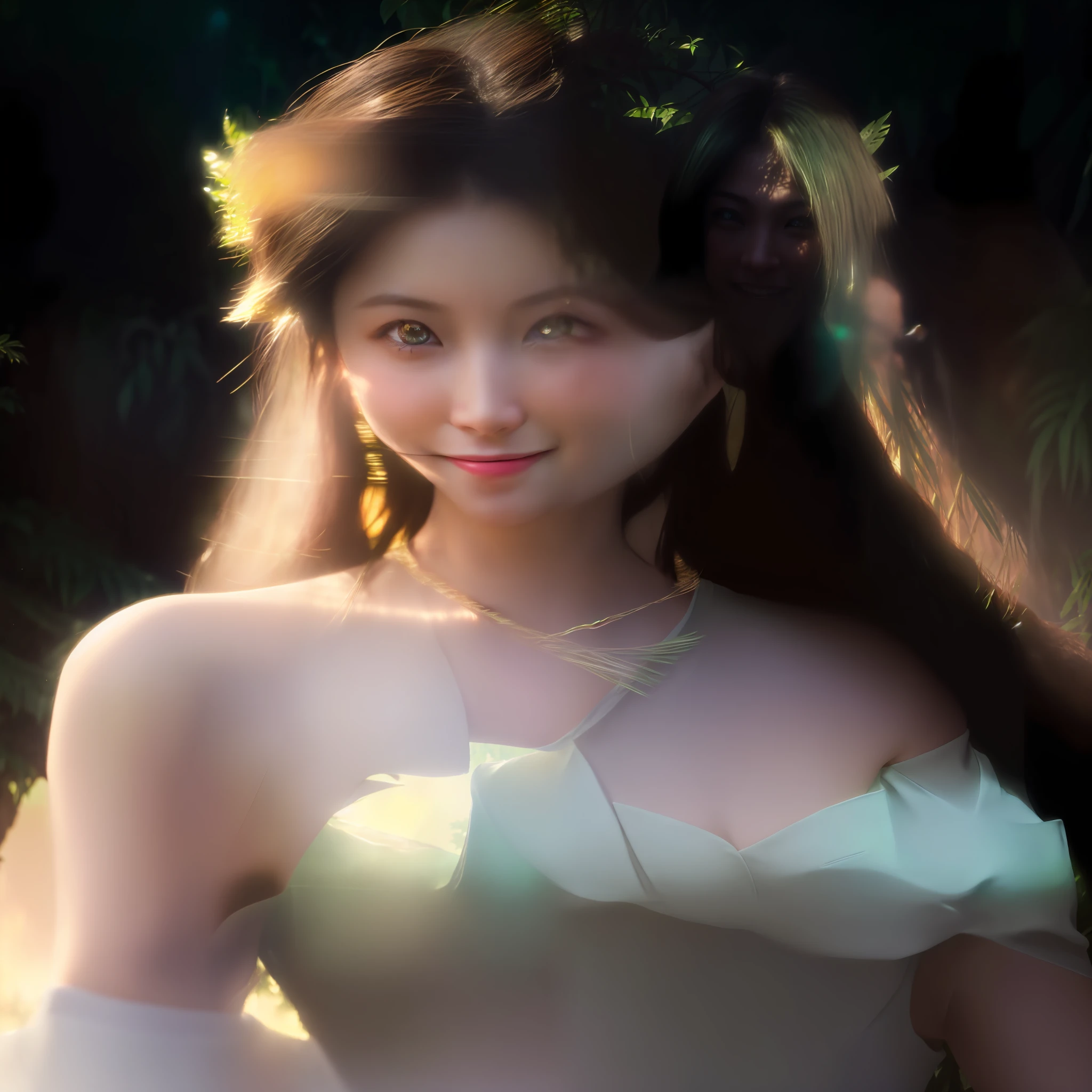 (fake smile) (((front-facing view))), (full body), (Highly detailed), Beautiful, Stunning, (Portrait:1.2), Character, (Latino) Feminine characteristics, (Adult), figure, mischievous expression, ((Conque)) skin, Green eyes, Wavy (Hot)  Hair, ((fake smile)), Smile, self-assured, (self-assured), ((Symmetrical detail eyes)), (Soft light:1.5),  Glow sun effect,  (Deep jungle atmosphere:1.6)