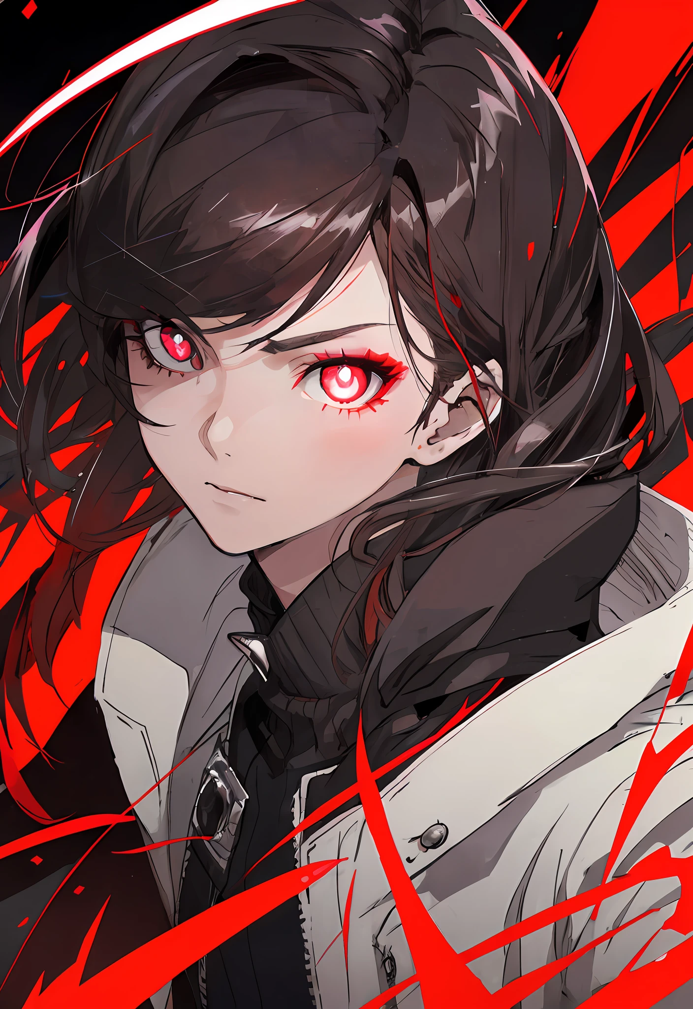 Anime, The girl staring at the camera has red round eyes, with red glowing eyes,with glowing red eyes, Red glowing eyes,Glowing red eyes, red eyes glowing, Badass anime 8 K, style of anime4 K, Anime moe art style, with glowing eyes, Red-eyed, red - eyed, Epic anime style, Persona 5 Art Style WLOP1boy, (Close-up of face, tmasterpiece, best qualtiy:1.2), 8K, offcial art,(smokey red eye shadow with glitter,), (very dark background:1.4), hdr, Face light, A high resolution, photography of, filmgrain, color difference, Sharp focus, hdr, Face light source,Contrast,Blurred hair details, 动态照明, cinmatic lighting, Professional shadows, dark shadow,realskin,exquisitefacialfeatures,Detailed face and eyes,Sharp pupils,realistic pupil,(brunette color hair:1.4)