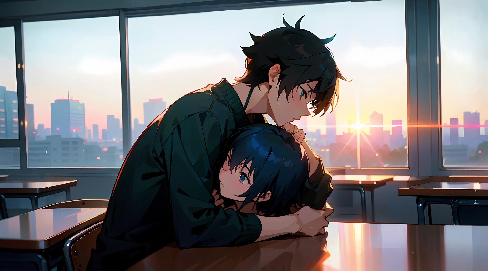 anime boy kissing his girlfriend in a classroom with other students, guweiz and makoto shinkai, sakimichan and makoto shinkai, makoto shinkai and (cain kuga), inspired by Okumura Togyu, ross tran and makoto shinkai, makoto shinkai. —h 2160