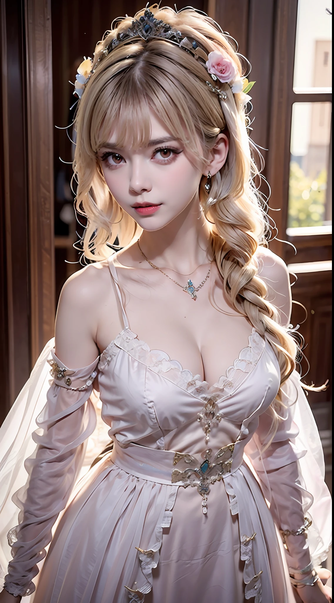 1 girl 20 years old, 1 goddess Athena, pink and purple silk dress with cleavage, beautiful goddess Athena face without blemish, thin cleavage silk nightgown with many colors, long thin women's nightgown with many sexy black lace details, goddess legend, goddess symbol, beautiful goddess style glitter, dark and mysterious version, small crown, well-proportioned, beautiful lips, delicate red lips, 1.9 detailed and beautiful lips ), holy body, super tight and round breasts, phoenix brooch, long bangs, (7 colors of hair rainbow: 1.9), clear beautiful face and well-proportioned eyes, (transparent yellow eyes: 1.8), (big round eyes and meticulous makeup, very beautiful and discreet makeup, very pretty blonde hair, light makeup, long blonde hair, makeup 1.8): the sky's droopy and vivid, the picture is real and fictional space: 1.8), fictional art, RAW photos, hanfu photos, best photos, high resolution, best quality, best photos, surreal portraits, surreal female photos, 8k quality, most beautiful saint portraits, single female jewelry, beautiful color masterpiece, upper body, tyndall effect, real photos, dark studio, border lights, (dalk 8 color pink detail: high resolution, soft light, high quality, h, Smooth and sharp, 10x pixelation, sexy goddess , sexy goddess: 1.8), (beautiful eyeshadow background: 1.8), (gap eyes, background light: 1.8), (gap eyes, soft background: 1.8), (best gaping eyes, perfect eyes, pretty girl solo: 1.8), (flowers: 1.8)