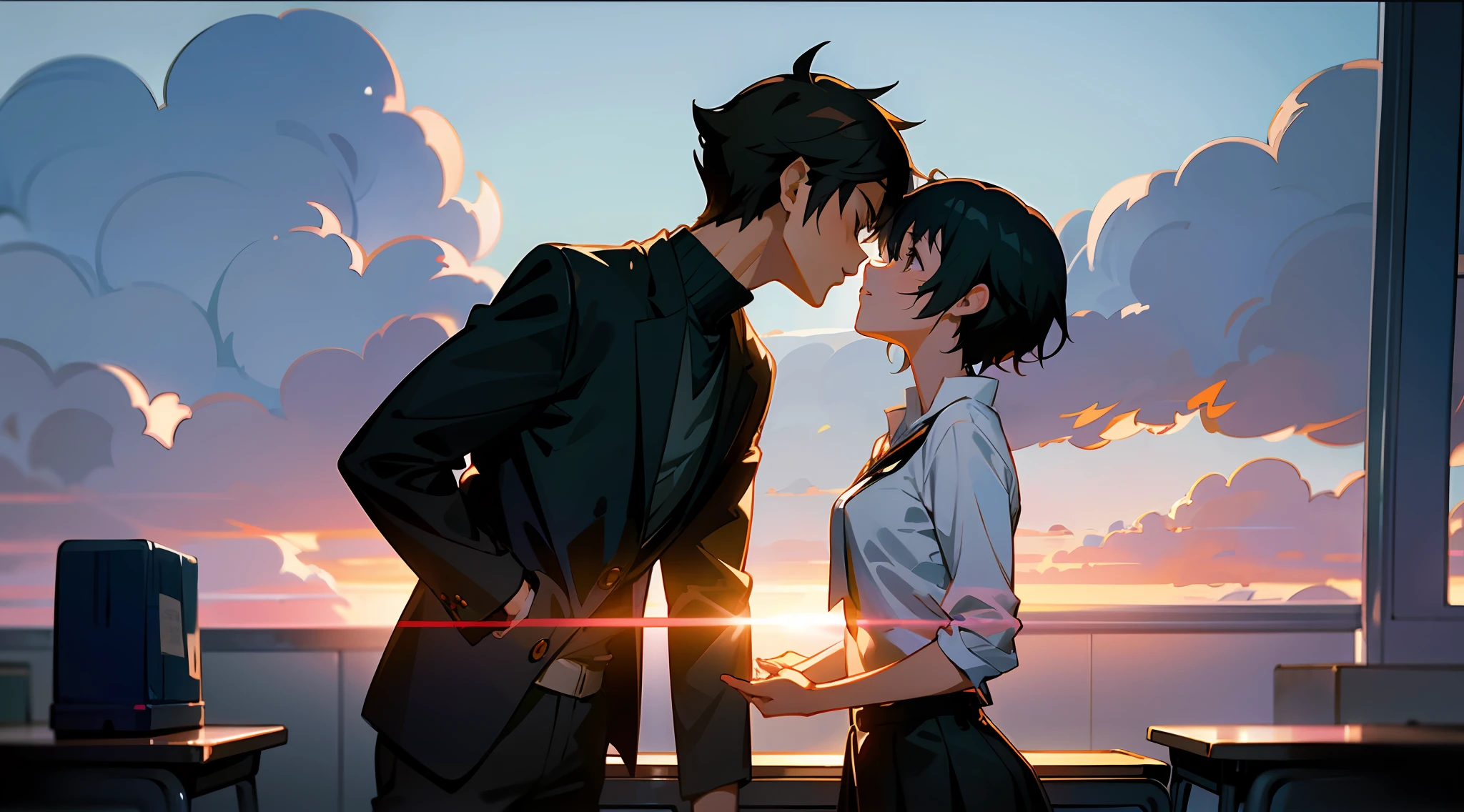 anime boy kissing his girlfriend in a classroom with other students, guweiz and makoto shinkai, sakimichan and makoto shinkai, makoto shinkai and (cain kuga), inspired by Okumura Togyu, ross tran and makoto shinkai, makoto shinkai. —h 2160