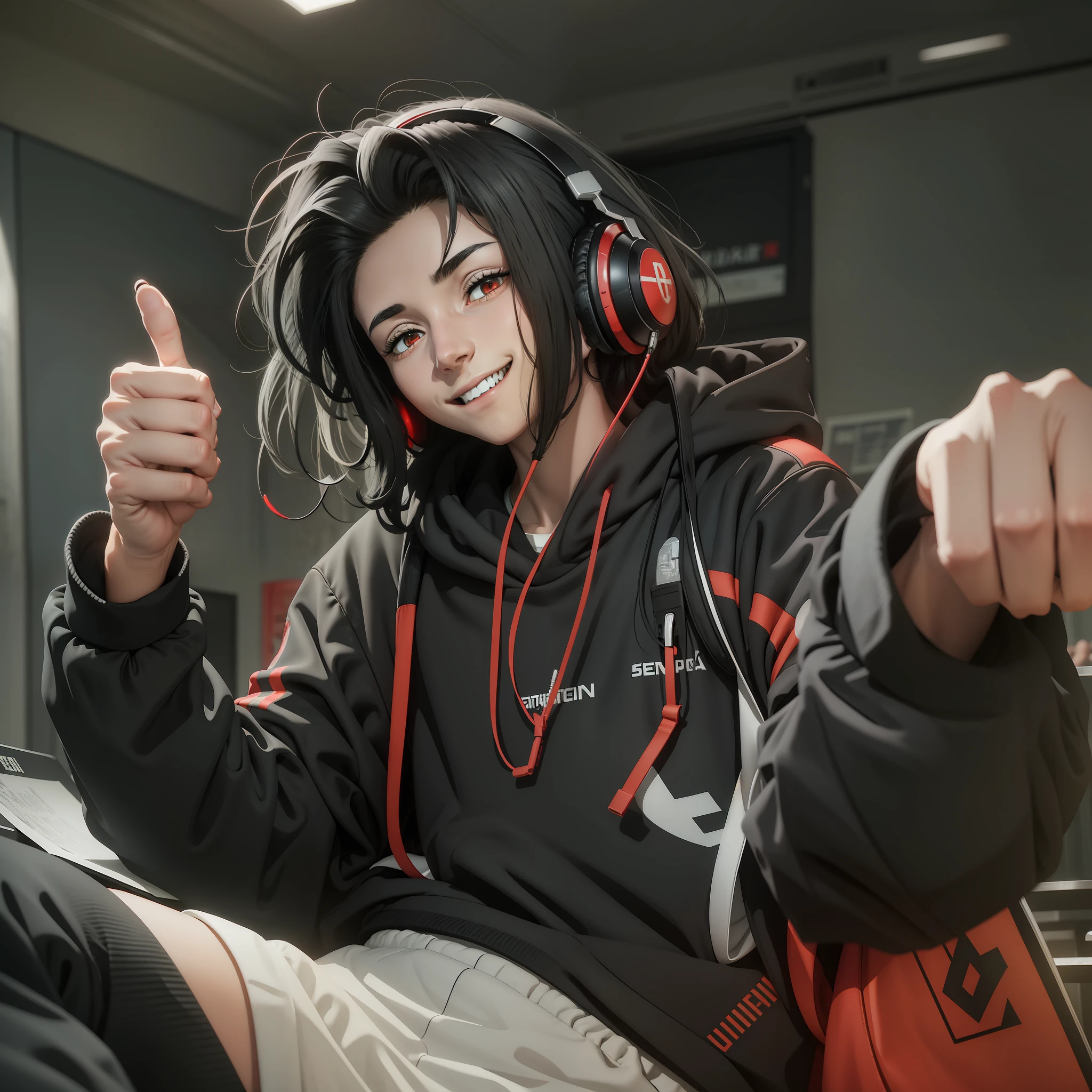 The upper part of the body,Gray-black haired teenager,Red eyes,Black sweatshirt,White lining,Black and red headphones,grin,Thumbs up