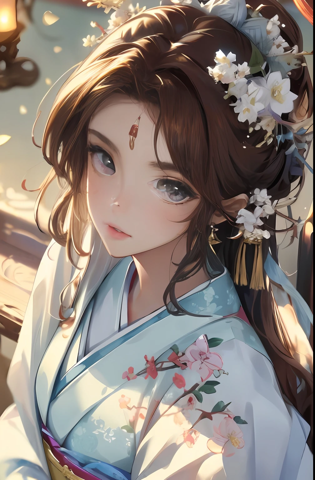Best quality at best,tmasterpiece,illustratio,an extremely delicate and beautiful,The is very detailed,CG,unity,8k wallpaper,astounding,finely detailled,tmasterpiece,Best quality at best,offcial art,Very detailed CG unity 8k wallpaper,absurderes,Incredibly Ridiculous res,hugefilesize,ultra - detailed,A high resolution,The is very detailed,Beautiful detailed girl,very detailed eyes and faces,beatiful detailed eyes,light in face,(Hanfu:1.1),1girll,full bodyesbian,full bodyesbian,shot of,,tmasterpiece,1girll,独奏,brunette color hair,white dresses,,white thighhig,lake,dampness