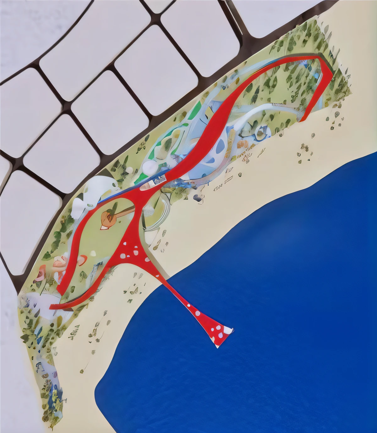 There is a beautiful map of the park,The Red Bridge spans it,flat drawing,flat drawing,flat drawing,flat drawing,flat drawing,flat drawing,flat drawing,flat drawing,flat drawing,Sea water gradation。