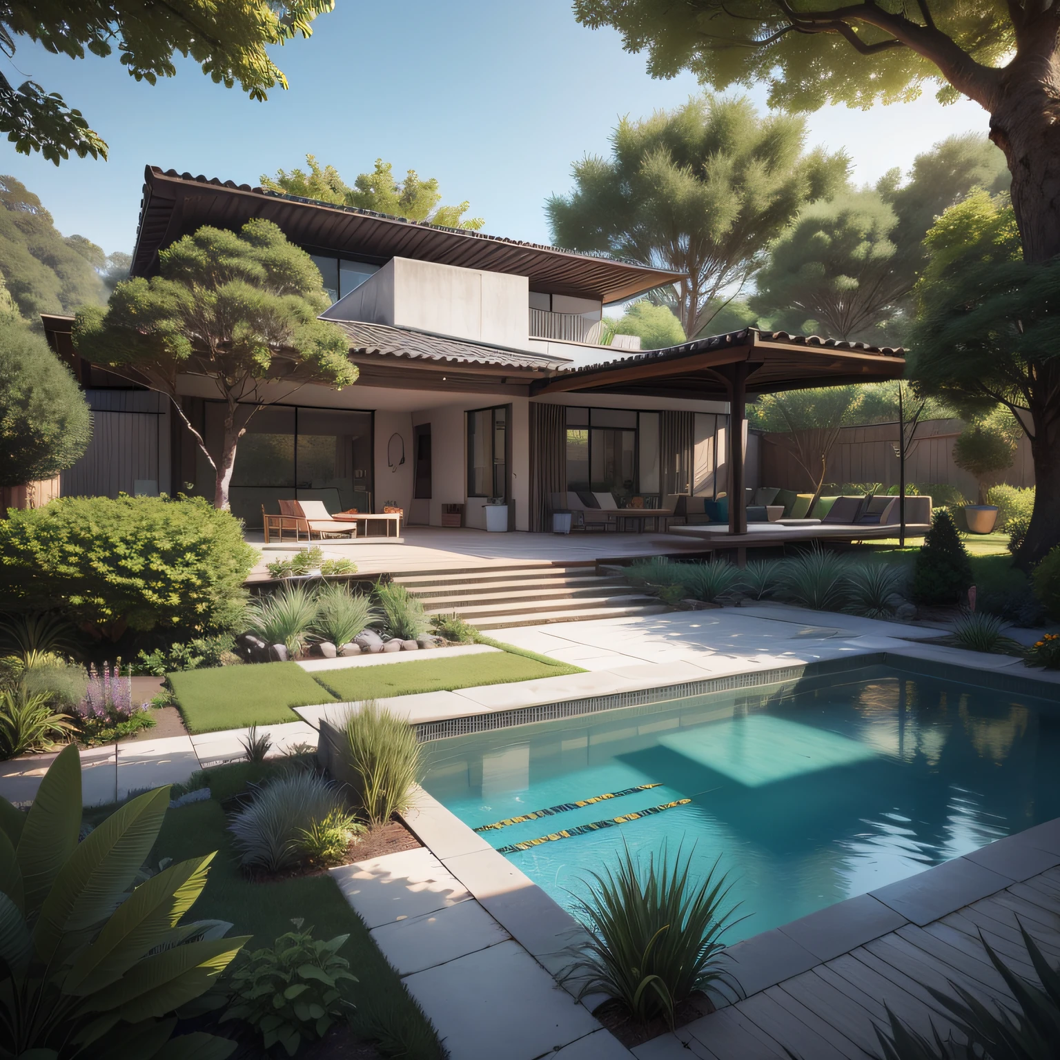 Organic modern architecture in an organized plot, Terreno bastante grande, terreno paisagem, pradaria com arvores , There is a swimming pool in the middle of a large one-story house, cor da casa em vigas marrom chocolate e preto, large modern residence, telhados planos e jardim, render luxcore, renderizar oktane, a photorealistic rendering, architectural render, mantra rendering, architectural render, realism rendering, architectural visualisation, piscina de bem-estar, architectural visualisation, Large green areas, com pequenas zonas de flores de lavanda, arbustos verdes tipo exuberante jardim verde, as well as small water mirrors, swimming pool embedded in an area of sand, oliveiras e pinheiros ao redor da casa, 8k ultra-realista, muito detalhe