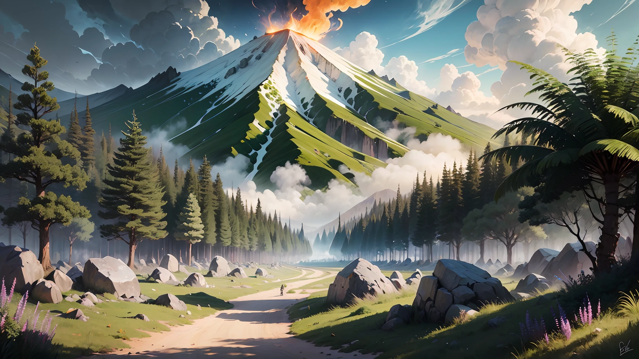 A prehistoric landscape, where towering dinosaurs roam amidst lush ferns and ancient cycads. Volcanoes loom in the distance, billowing smoke and fire into the primordial sky. A sense of mystery and wonder fills the air, as the earth pulsates with life from a bygone era, Painting, acrylic on canvas, using earthy and rich tones to evoke the raw and untamed beauty of the prehistoric world, --auto --s2