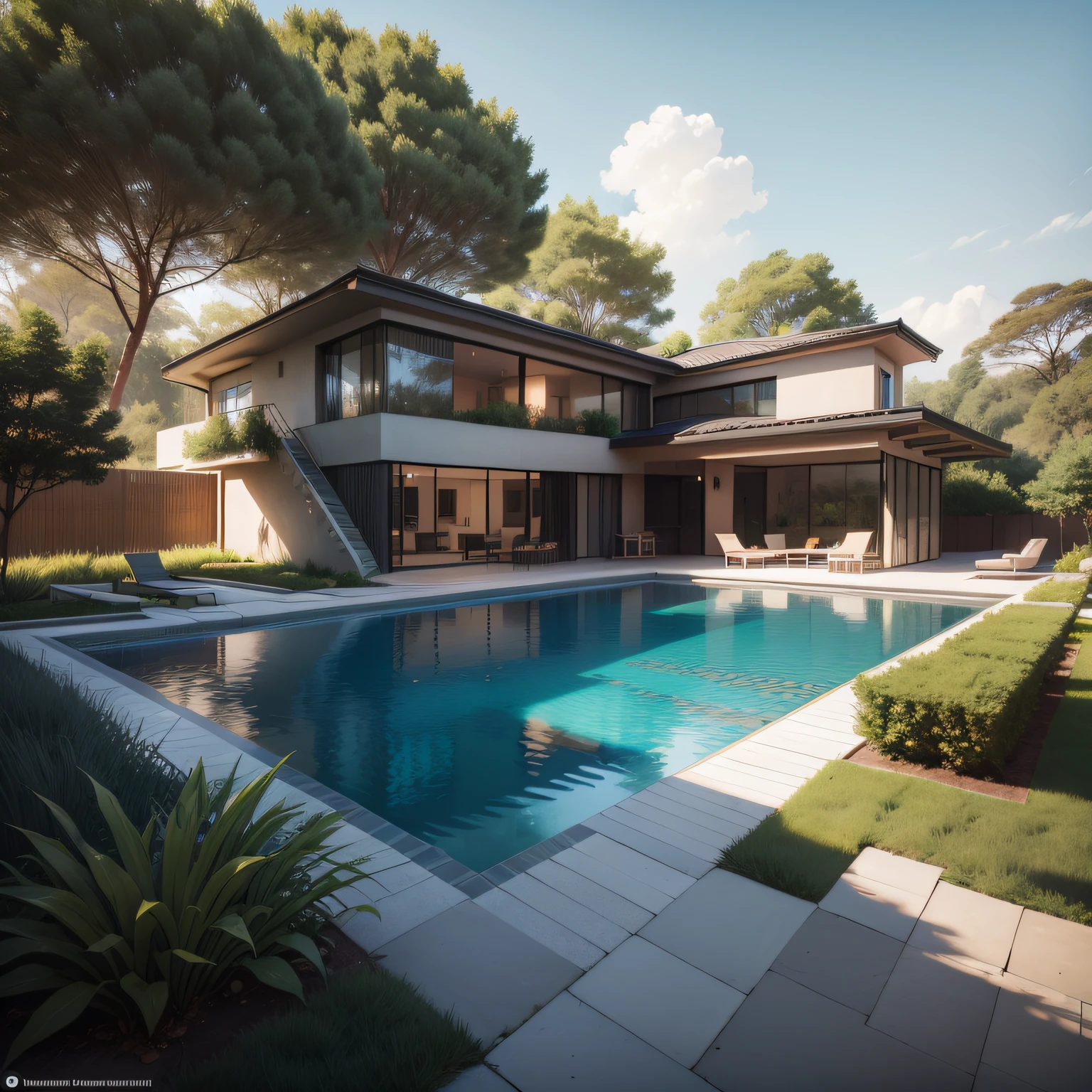 Organic modern architecture in an organized plot, Terreno bastante grande, terreno paisagem, pradaria com arvores , There is a swimming pool in the middle of a large one-story house, cor da casa em vigas marrom chocolate e preto, large modern residence, telhados planos e jardim, render luxcore, renderizar oktane, a photorealistic rendering, architectural render, mantra rendering, architectural render, realism rendering, architectural visualisation, piscina de bem-estar, architectural visualisation,  Large green areas, com pequenas zonas de flores de lavanda, arbustos verdes tipo exuberante jardim verde, as well as small water mirrors, swimming pool embedded in an area of sand, oliveiras e pinheiros ao redor da casa, 8k ultra-realista, muito detalhe