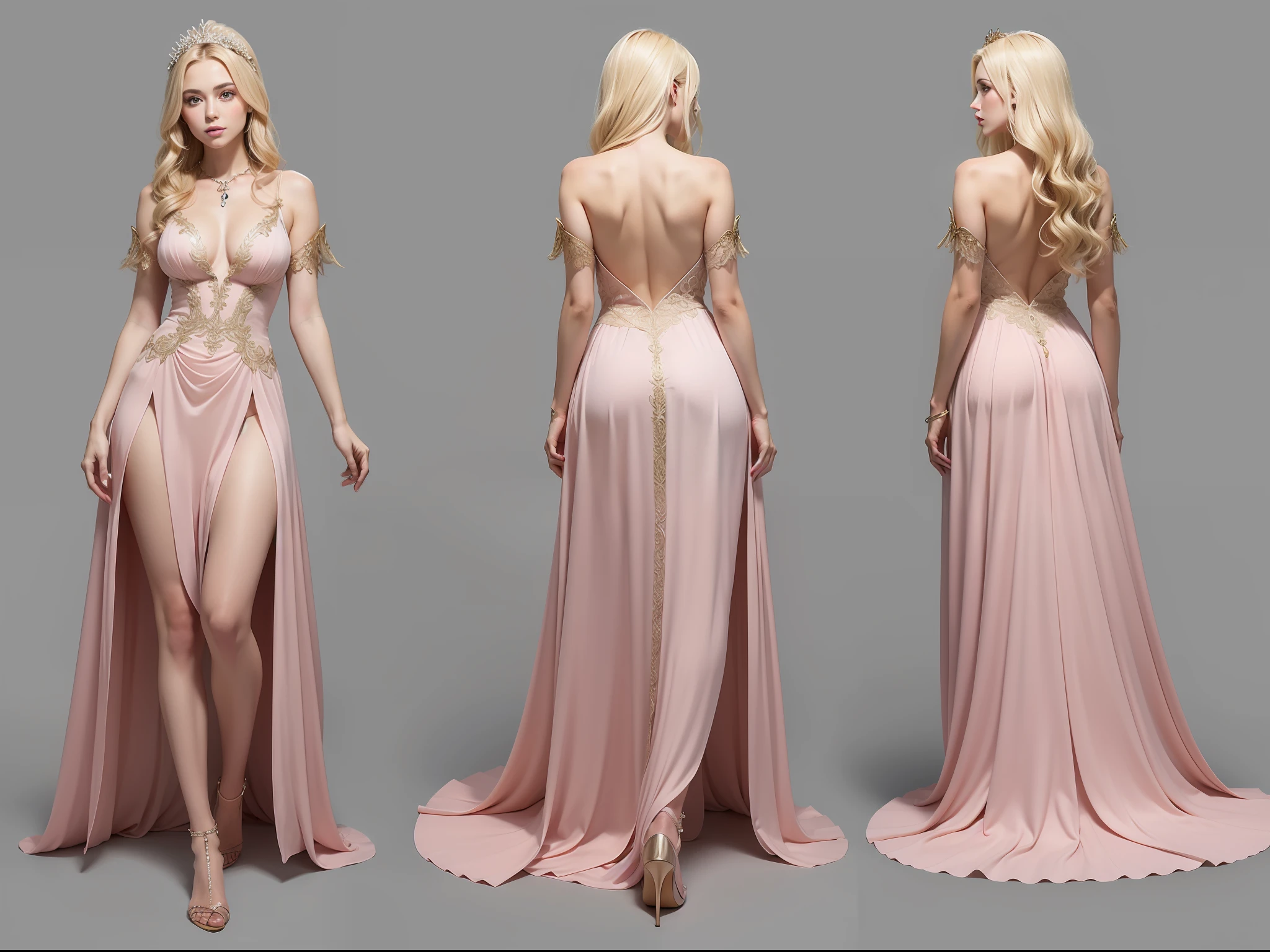 (masterpiece), ultra-detailed, 3 views, front view, side view , back view, different hairs design, character sheet or reference sketch of a Goddess, Aphrodite goddess, with a colorful dress, she has long wavy hair and blonde hair, ultra-realistic and sharp detail and intricate, intricate details, and style, simple background illustration